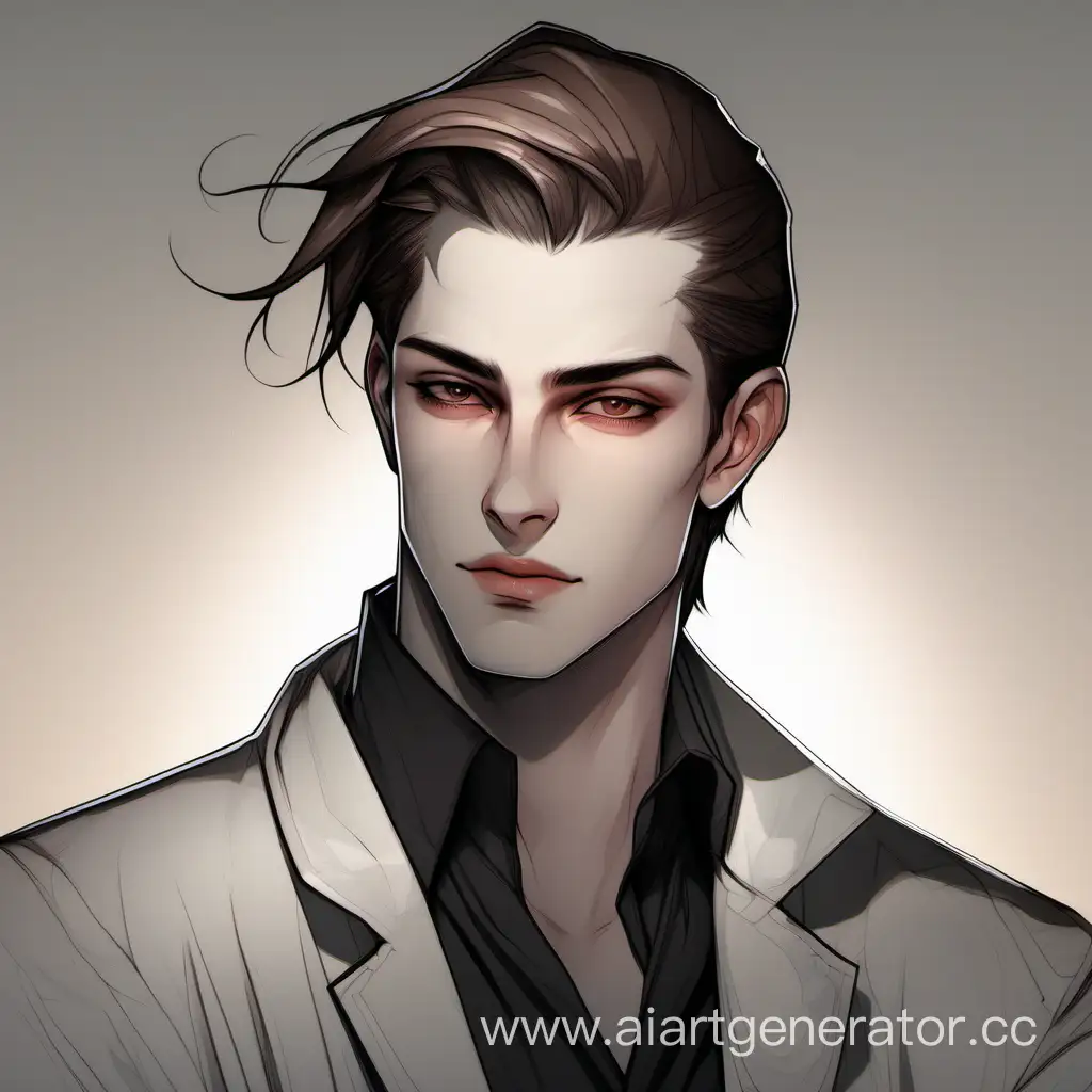 Brown hair slicked back.Head and shoulders portrait, WLOP, concept art, 8k, 8k resolution concept art portrait. Thin contours. Thin lines. dynamic lighting. Artgerm. hyperdetailed. A young, thin boy 19 years old. A vampire. Pale white skin. Brown hair slicked back. Dressed in a black jacket. Black clubs at home in the background.