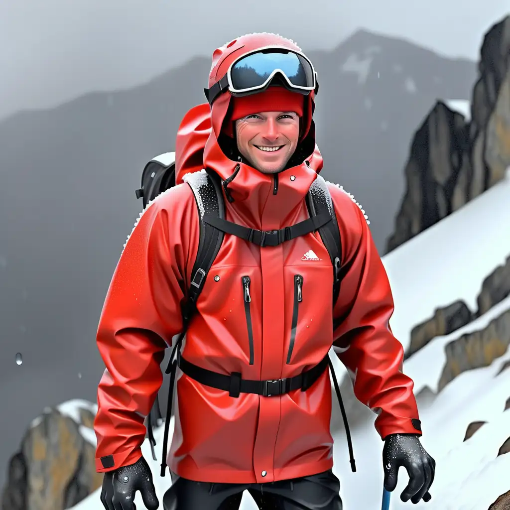 A ski instructor wearing a red jacket, on top of a mountain, actively raining, add dark spots to the jacket so it looks wet, make the jacket look less plastic, add more rain dripping off the jacket, make the jacket look like it’s now absorbing all the water, make the jacket look like the backpack straps, very slick and glossy wet