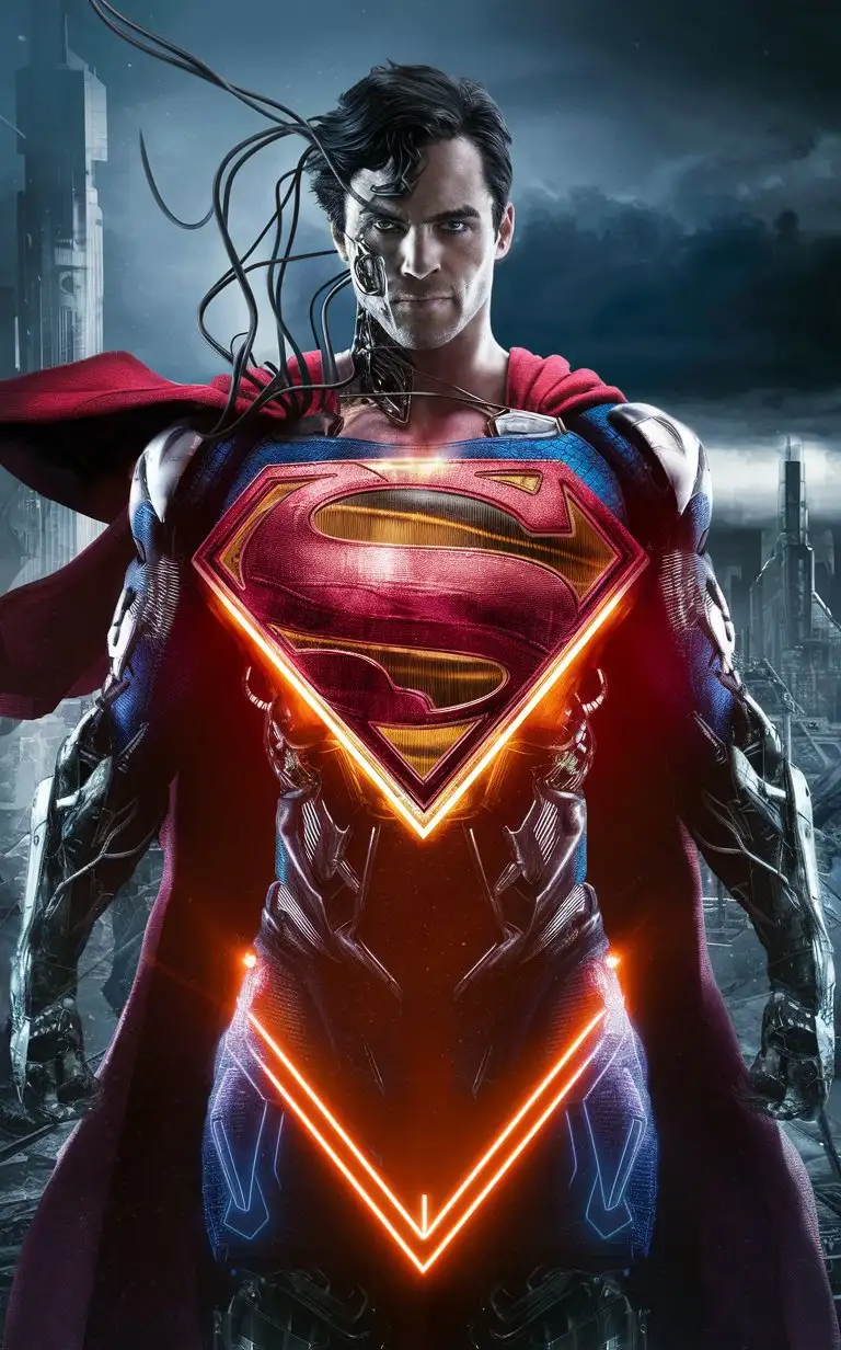 Futuristic Cyborg Superman with Glowing Eyes and Metallic Armor