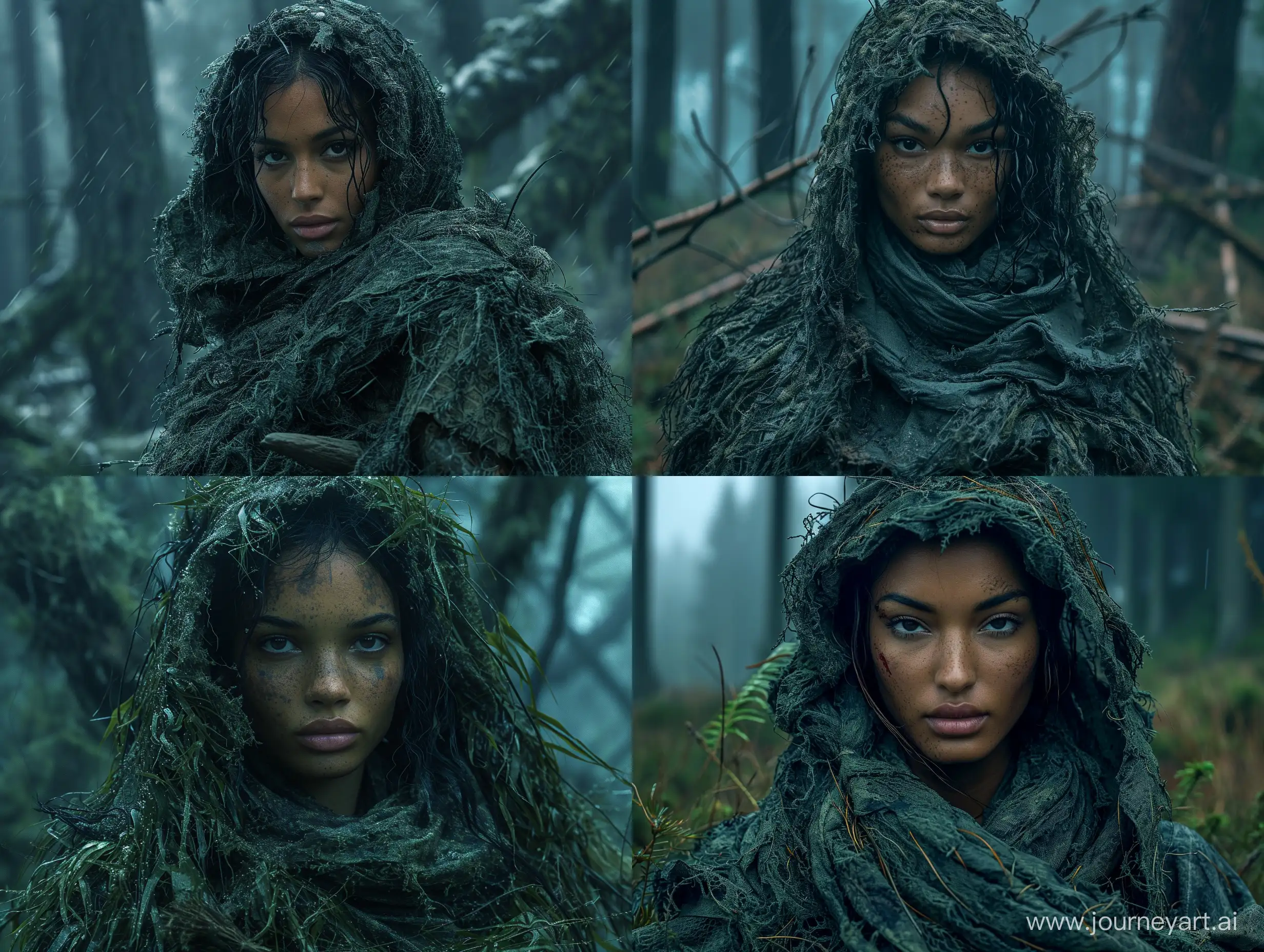 beautiful mulatto skin female Sheva Alomar S.T.A.L.K.E.R mercenary  in dark green ghillie suit dead trees dark forest --s 500 --style raw --v 6