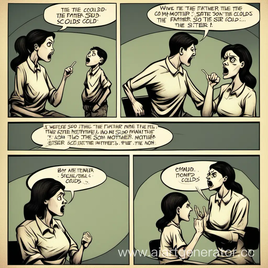 картинка в стиле комикса, где отец ругается на мать, мать ругается на сына, сын ругается на сестру