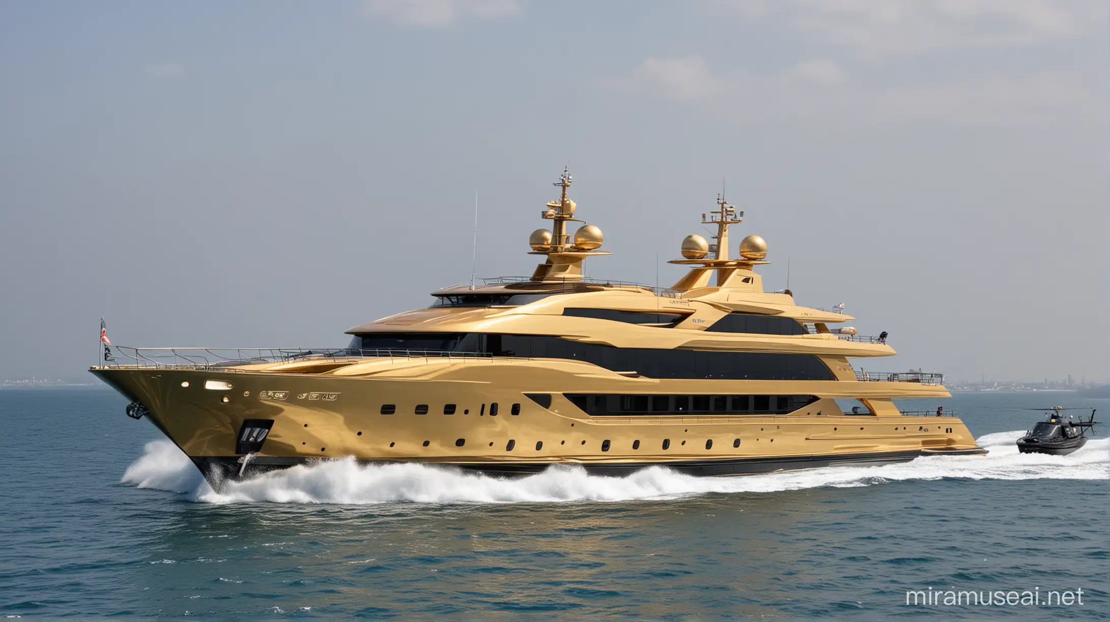 Luxury Golden Yacht with Helicopter Extravagant Maritime Opulence