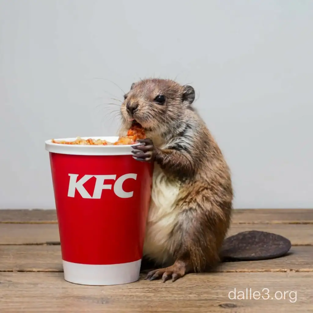 cute little beaver holding a bucket of fried chicken from KFC in northern Russia