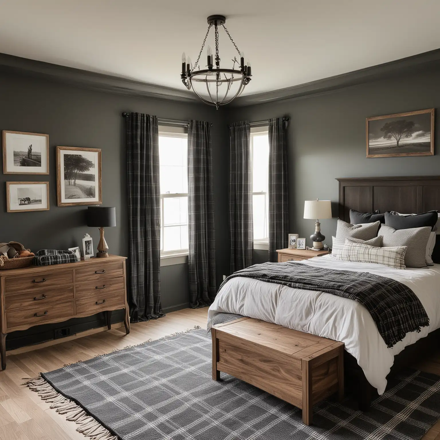 a modern French farmhouse home large teen boys moody bedroom;  plaid, walnut wood, ivory, charcoal