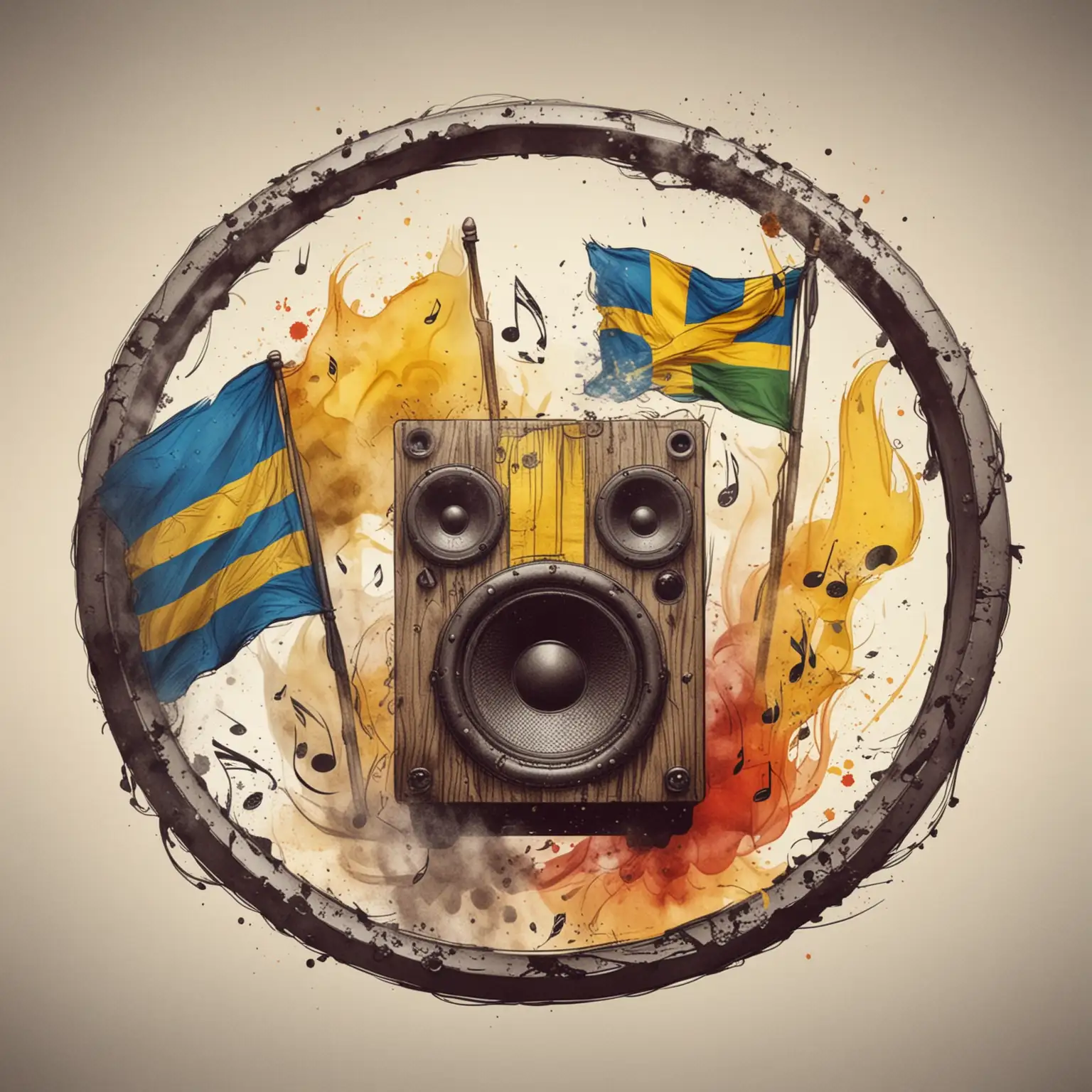 En högtalare som spelar kraftigt, det flyger musiknoter i luften, det är rökigt, reagge, rund ram, svensk flagga, skånsk flagga, Sverige flagga, tecknat, ritat 