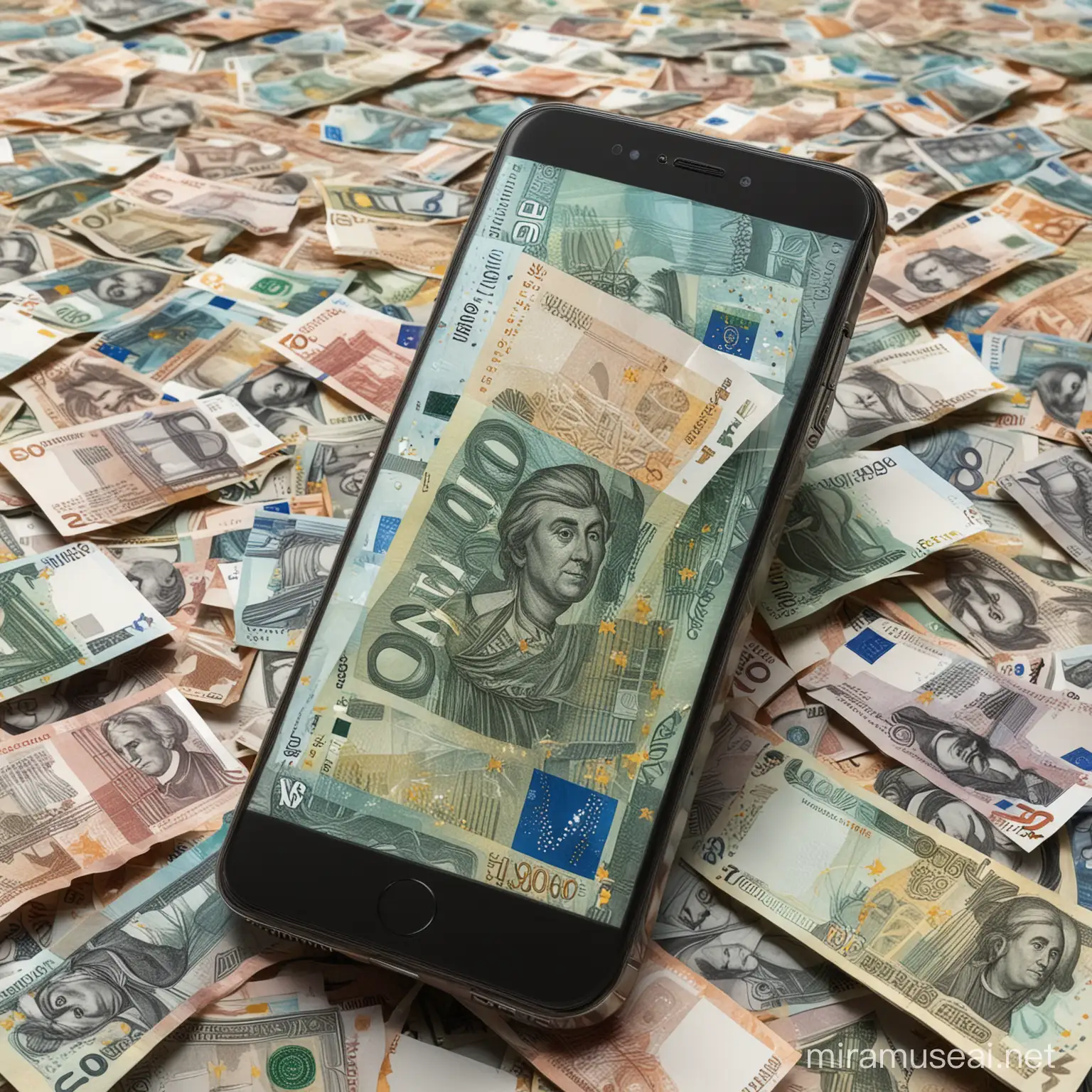 Imagine a modern smartphone, sleek and sophisticated, with a screen displaying a hyperrealistic image of Euro currency notes. The notes appear to be coming out of the screen, creating the illusion that the money is tangible and can be taken from the phone. The smartphone is tilted slightly backward, giving the impression that the currency is spilling out towards the viewer in a visually captivating display. The Euro currency notes, in various denominations, are clearly visible and fanned out for maximum visual impact. Each note is meticulously detailed, capturing the intricate patterns and textures of real currency, further enhancing the hyperrealistic quality of the illustration. The combination of the cutting-edge technology of the smartphone and the traditional symbol of wealth represented by the Euro notes creates a compelling juxtaposition of modernity and financial abundance. The neutral background serves to keep the focus on the smartphone and the currency, allowing the viewer to fully appreciate the intricate details and visual effects of the scene. Rendered in stunning 32k resolution, this hyperrealistic illustration immerses the viewer in a world where technology and wealth converge, offering a visually captivating depiction of modern financial aspirations and digital abundance.
