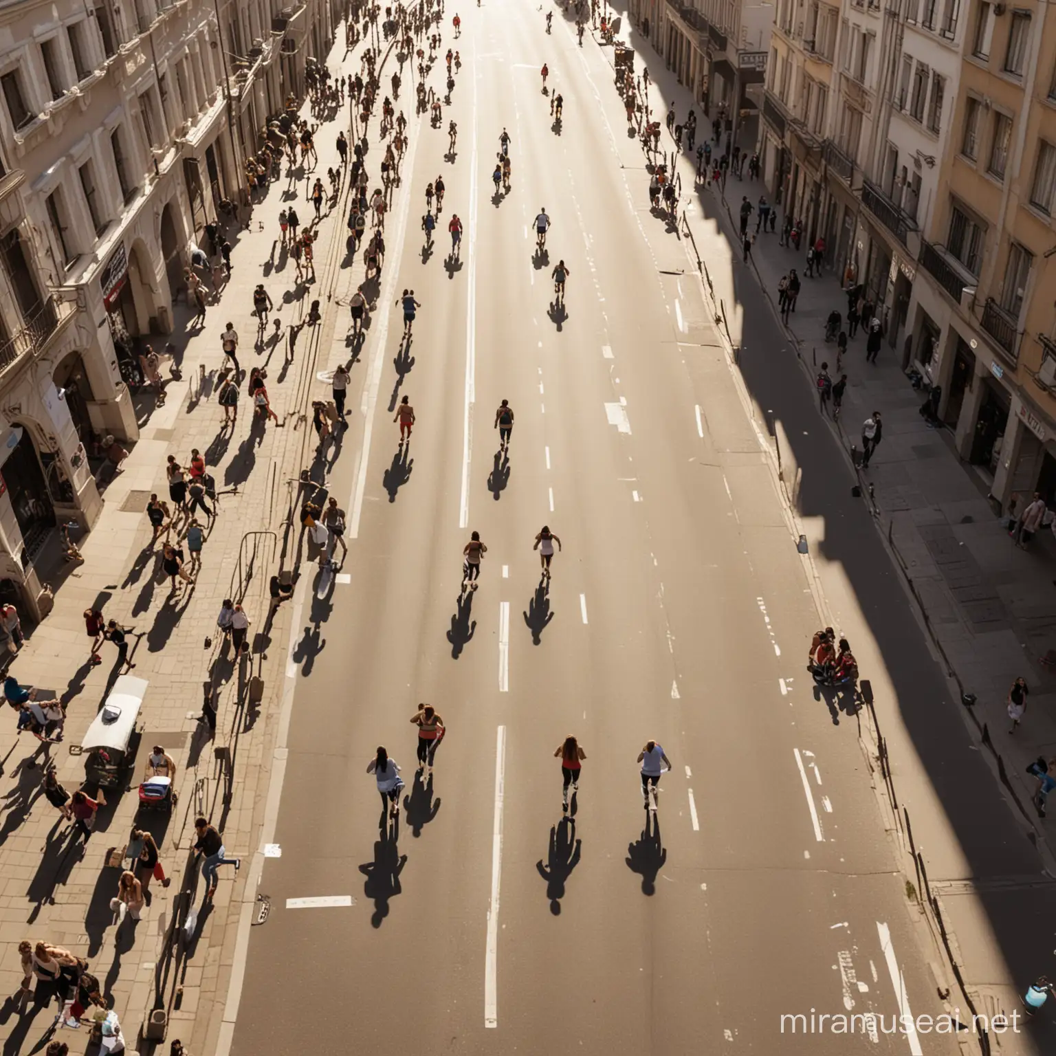 drone shot of a street in the middle of the day. More than 40 young women in their late 20s in exercise clothes are training in the streets. Its sunny and the street is also crowded with people. 