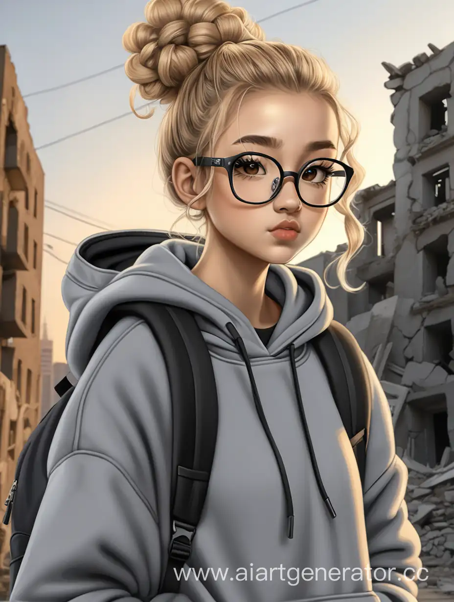 Curly-Blonde-Teen-Girl-with-Backpack-in-Ruined-City