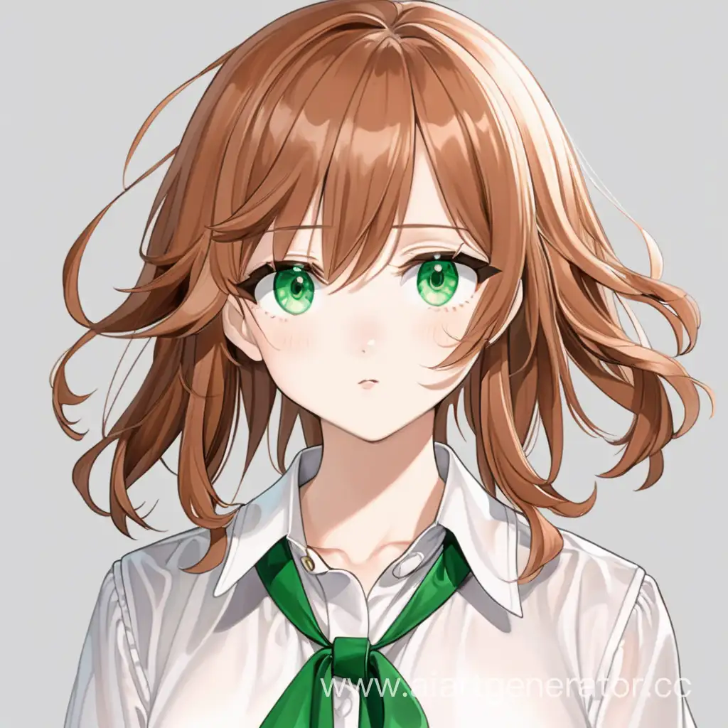 Аниме девушка с каштановыми волосами длиной до плеч и с зелёными глазами, в белой блузке