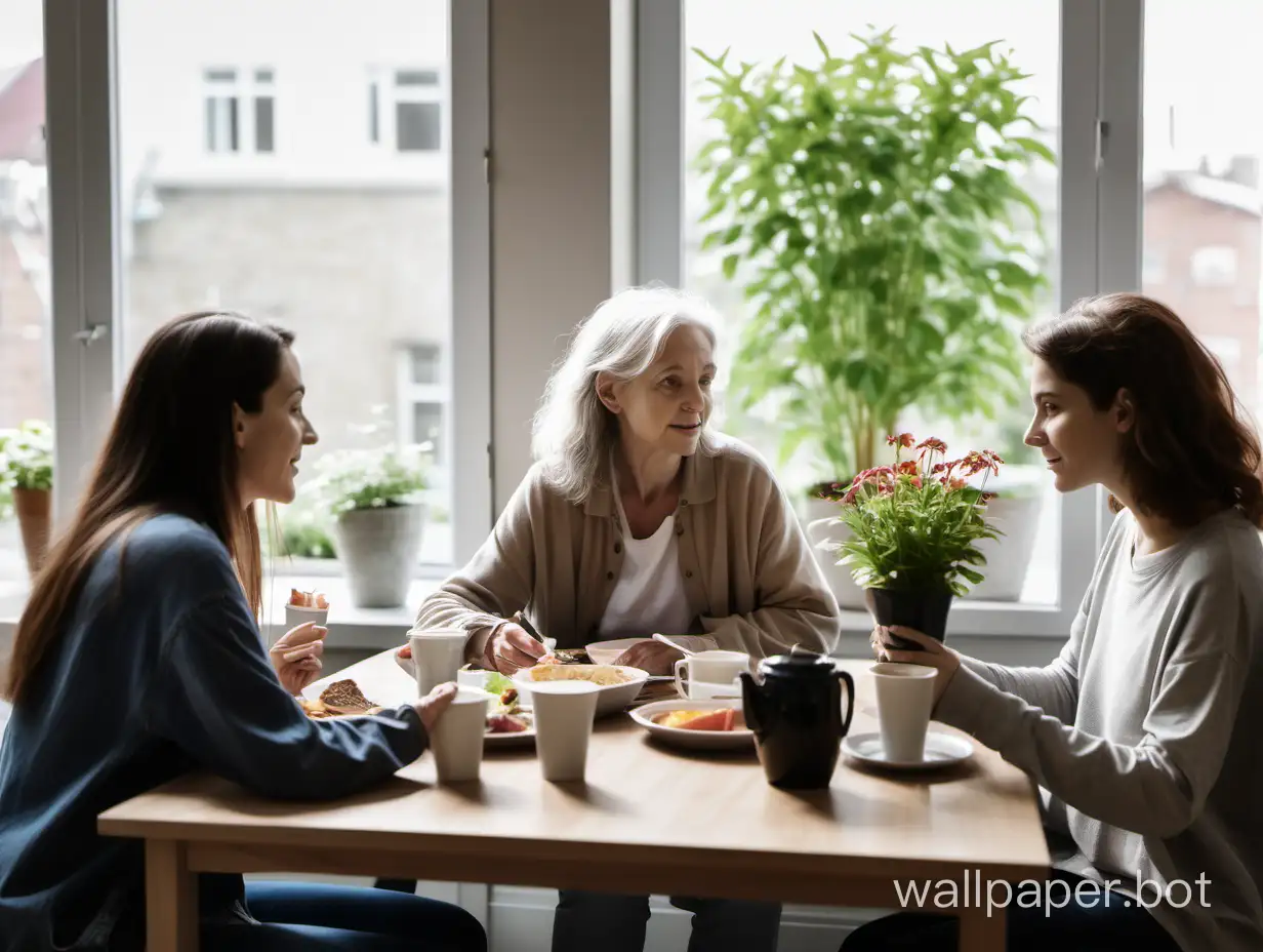 Image showing three women of different ages with fair skin tone, for example, a middle-aged woman, a young 30-year-old mother in the foreground, a teenage daughter, sitting around a table during a non-alcoholic meal, drinking coffee and talking, engaging in an inspiring discussion, reflecting an atmosphere of mutual support and exchange of experiences, with a lit window and several flowers, plants in pots in the background.