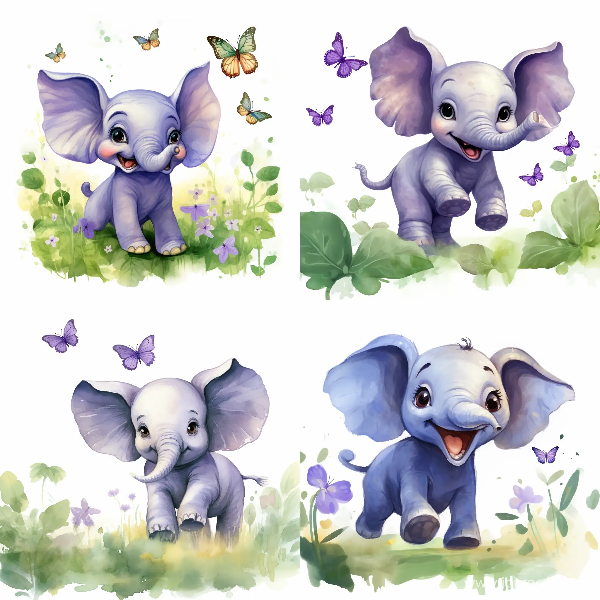 clipart, cute laughing baby elephant, chasing a butterly, watercolor, in cartoon style