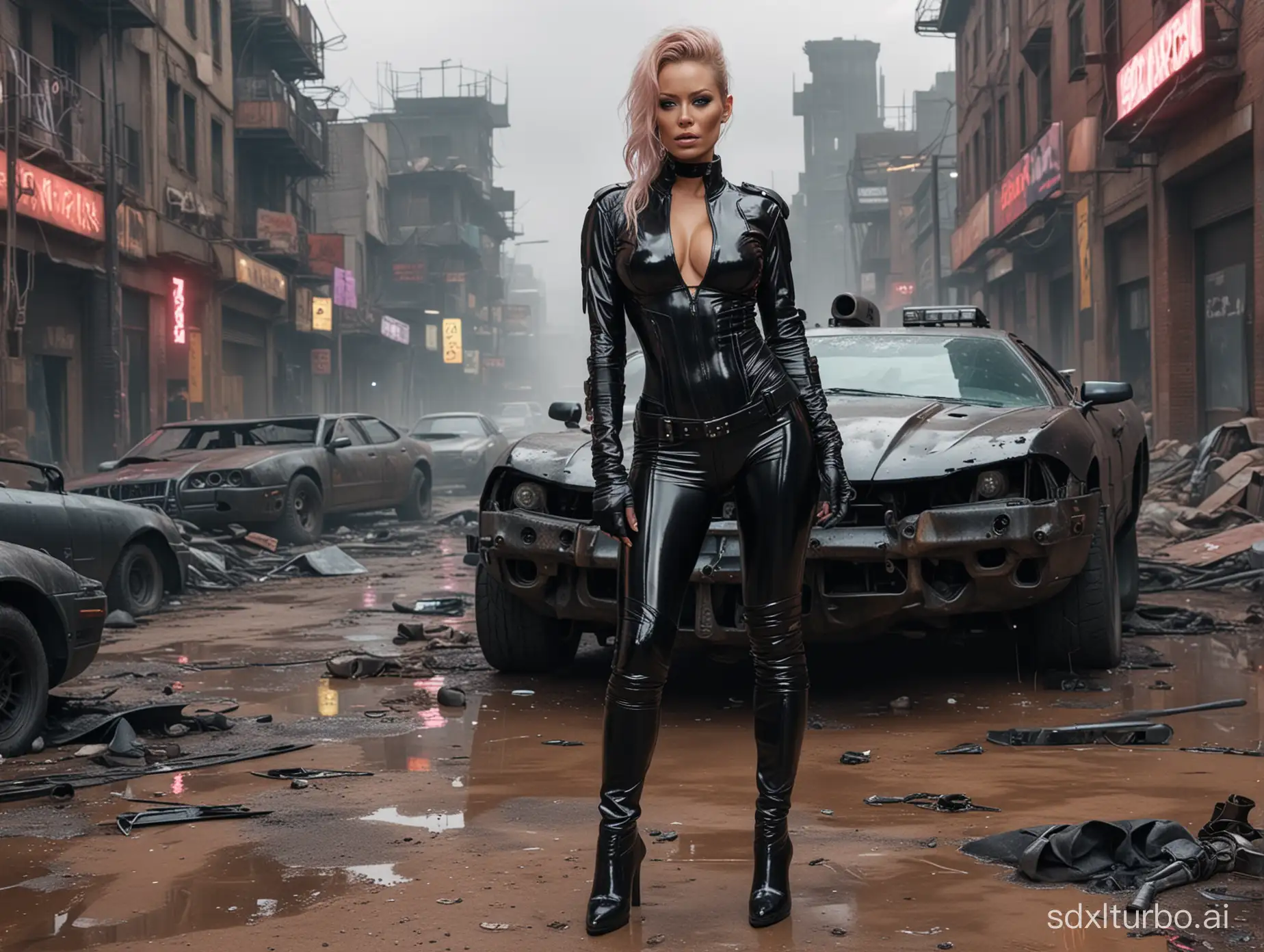 realistic hd photo , cyberpunk police jenna jameson standing , wearing black low-cut shinny pvc catsuit , wearing long shiny pvc gloves , wearing shinny pvc thigh high boots , in cyberpunk destroyed city with mad max car , inlighted by neons ,