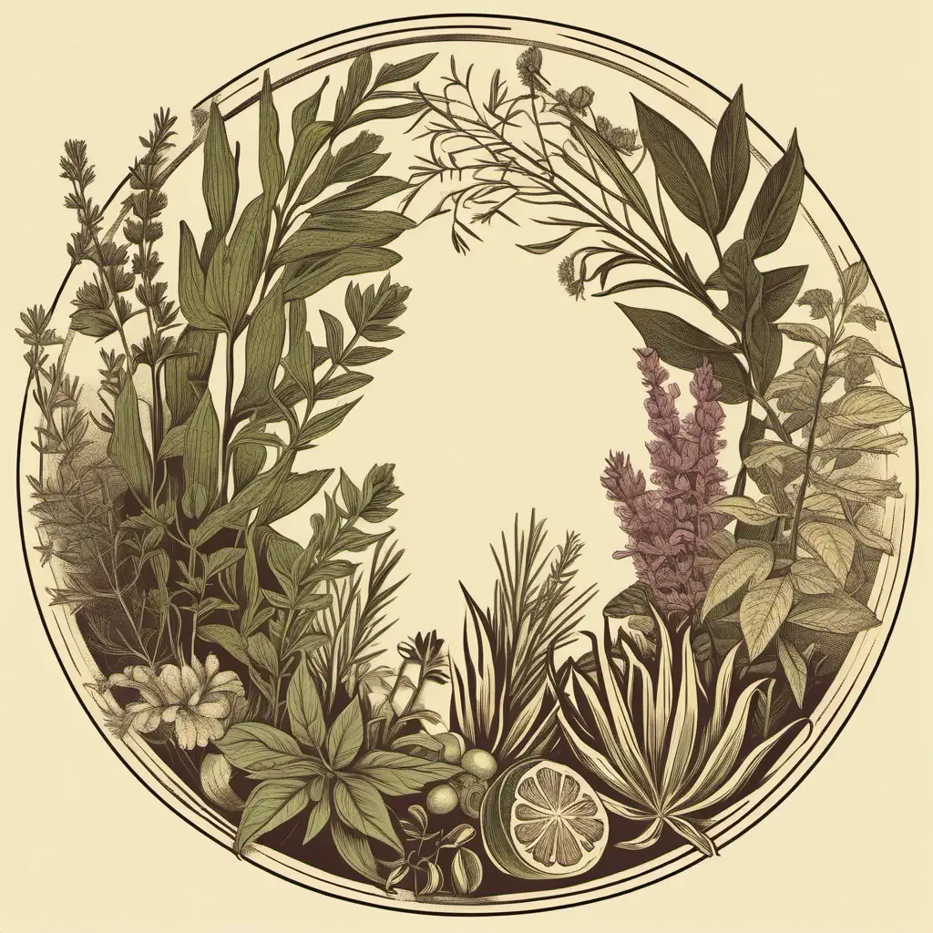 Vintage Style Circle Composition of Herbs and Plants