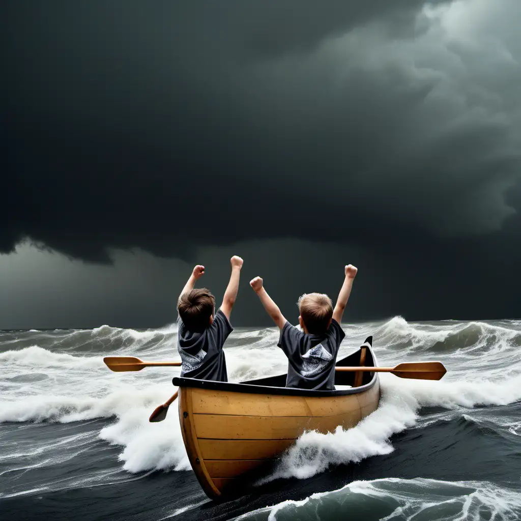 Brave Children Cheering in Small Canoe Amidst Rough Sea and Storm