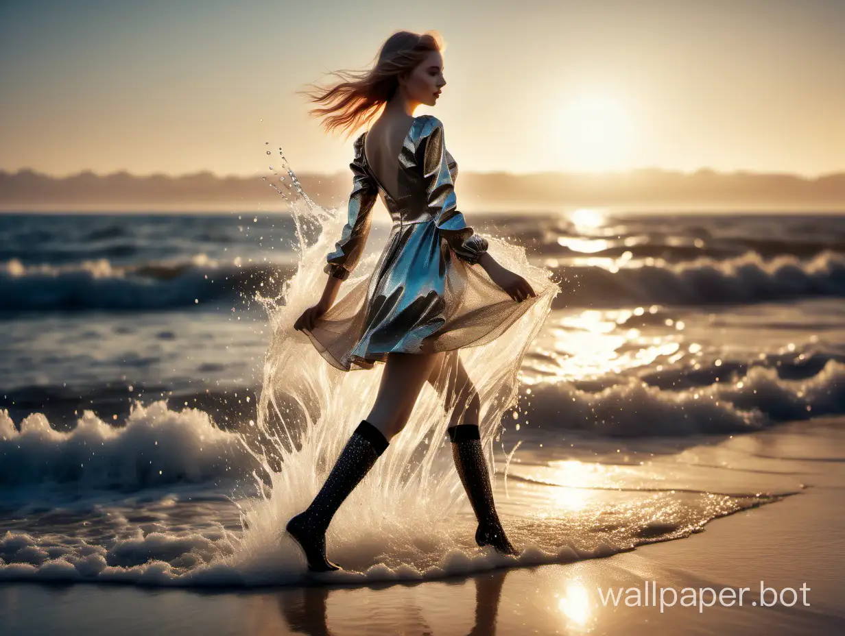 The girl in a short diamond dress and shiny stockings is walking along the seashore splashing water towards the sunrise.