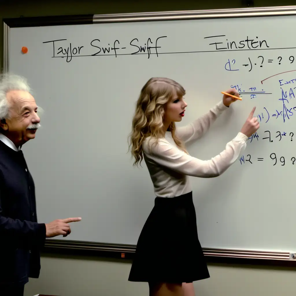 Taylor Swift and Albert Einstein collaborate to solve a physics problem on a whiteboard