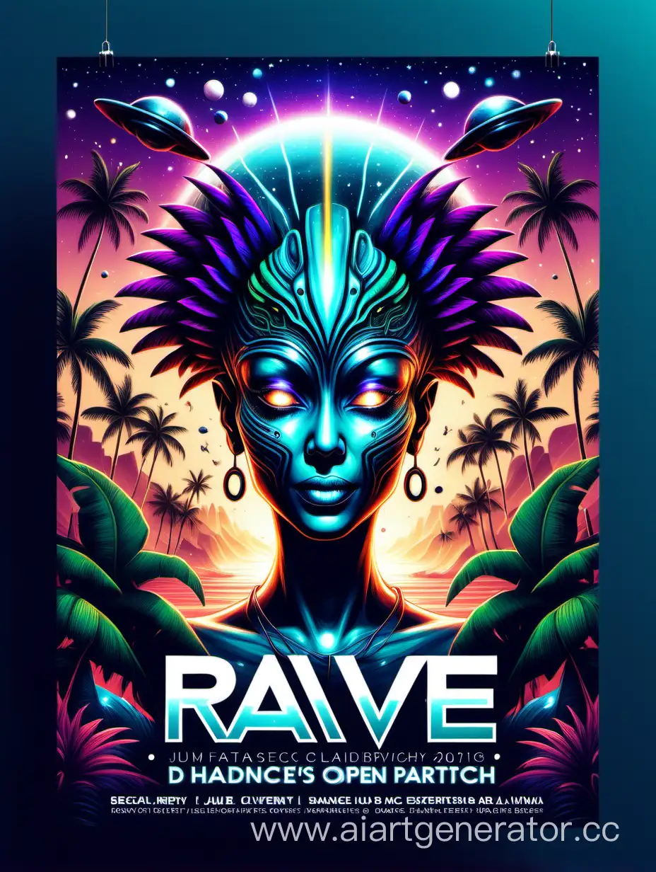 Fantastic! Based on the details you provided, here's a prompt for your flyer:

"Create an electrifying and immersive flyer for our upcoming rave event! The theme revolves around a futuristic beach open-air party where humans and aliens come together to dance under the stars. The setting is a stunning beach by the ocean, captured from a drone's perspective. Incorporate realistic digital AI art, special effects, and jungle techno elements to convey the high-energy atmosphere. Highlight the unity of different beings on the dancefloor, with vibrant visuals of people and extraterrestrial creatures enjoying the music together. Use a mix of bold and dynamic fonts to showcase essential event details like date, time, and venue. The overall tone should be exciting and futuristic, capturing the essence of this one-of-a-kind experience. Let the flyer exude energy, creativity, and the thrill of a night to remember!"