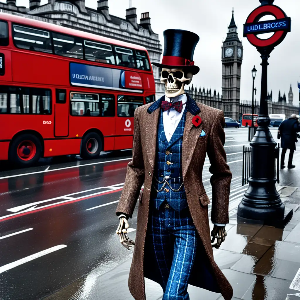 photorealistic full body photograph of an elegant skeleton, wearing brown tweed suit, blue waistcoat with red windowpane check pattern, black top hat with a red band, standing on London bridge, rainy day, red London bus passing by, the image creates an air of mystery, High resolution, High contrast, Extremely intricate details, UHD, red cross