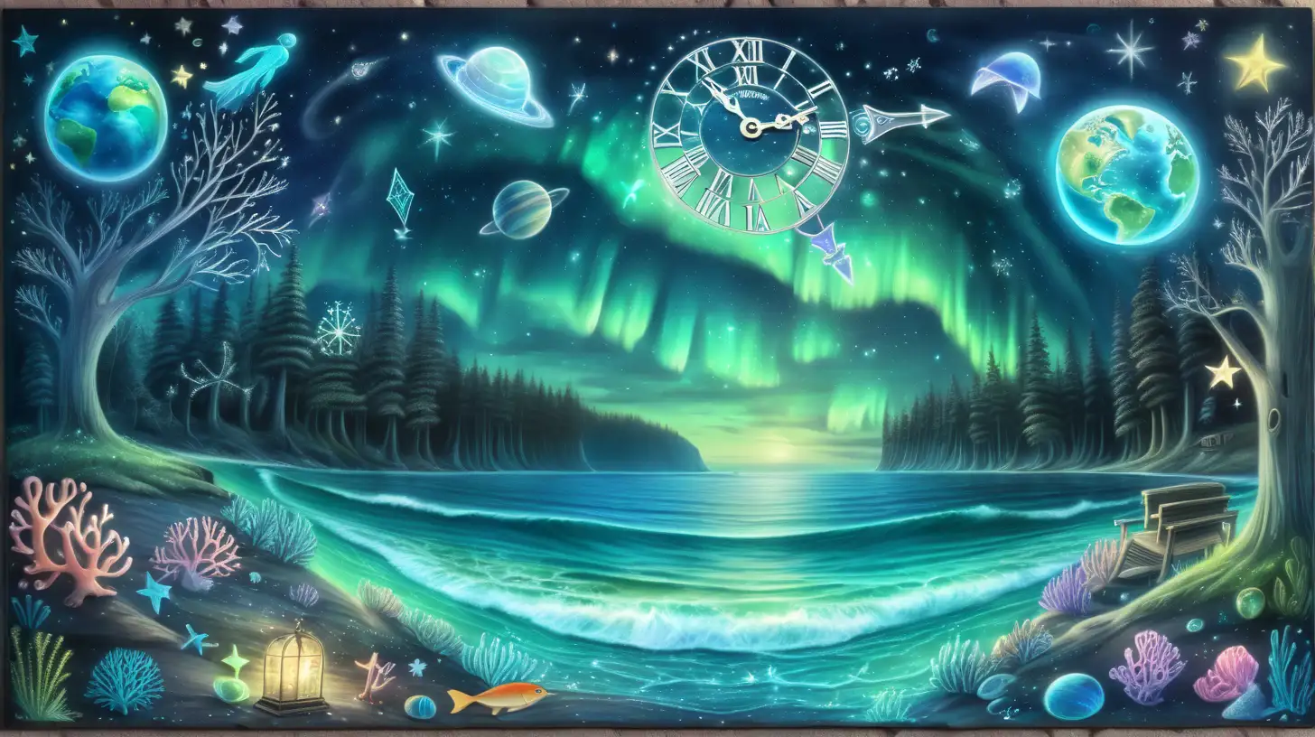 a glowing magical clock surrounded by blue and green magical-fairytale chalk board with northern lights and a forest and cute chalk ocean and corals with a planet and stars and moons and 