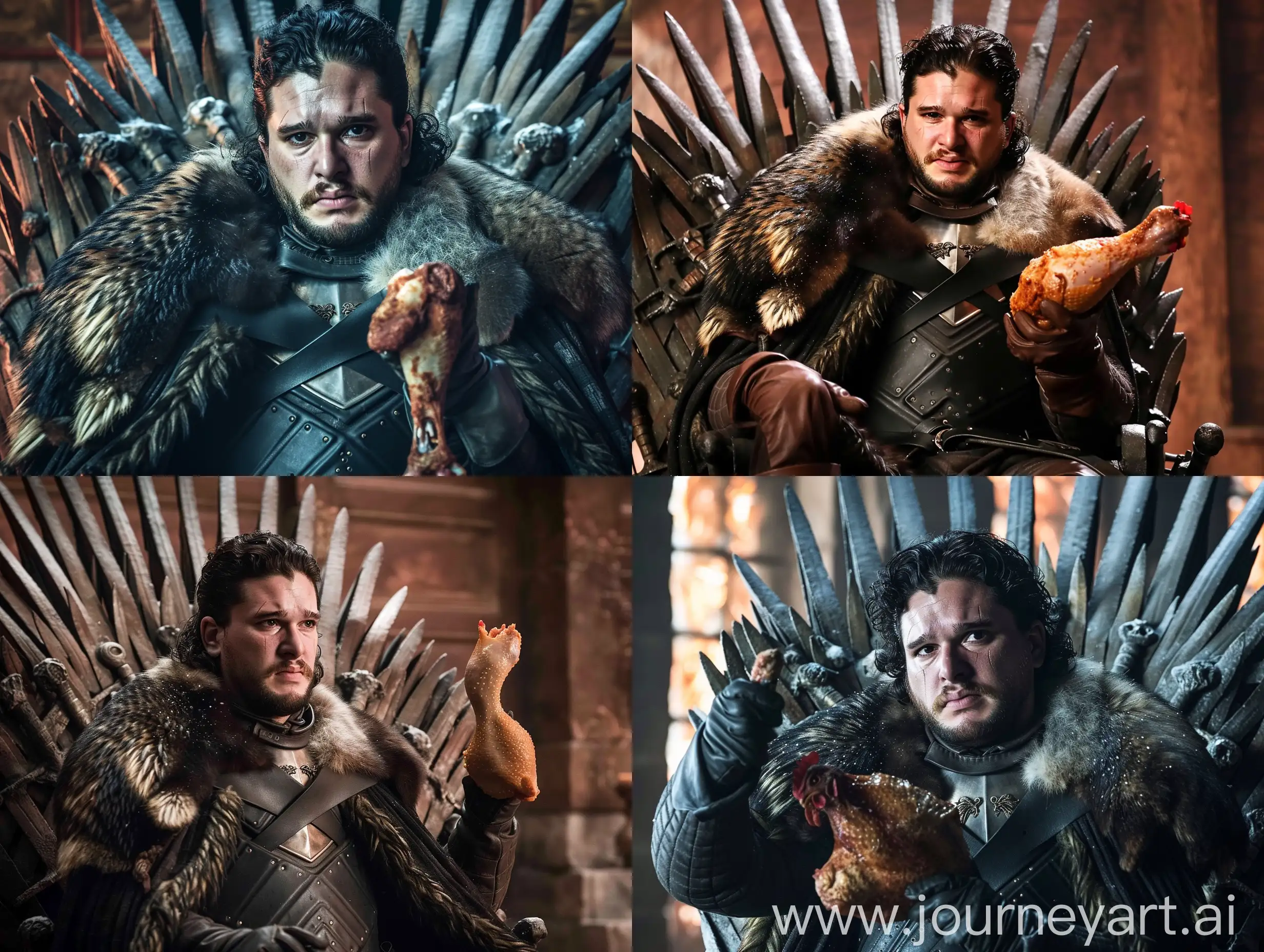Jon Snow in the Game of Thrones series, Jon Snow is fat and has a fat face and body, Jon Snow is sitting on the iron throne, he has a chicken leg that is ready to eat in his right hand, Jon Snow is in Winterfell Palace in winter. He looks at the camera, Jon Snow has a grin on his face, the lighting is classic.