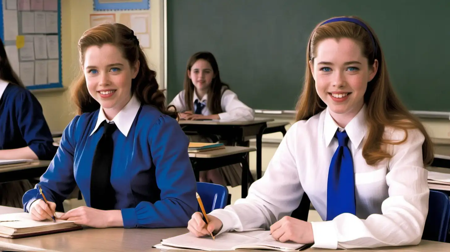 Amy Adams et Anna Popplewell sourire d'ange, assise à un bureau dans une classe de lycée, chemise à manches longues blanche polyester ouvert et cravate bleu roy et jupe courte plissée en lin bleu roy et moccasins noir, 