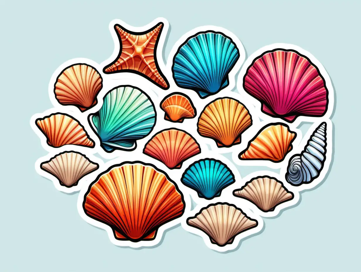 Sea Shells Sticker , Content, Bold Colors, Cheerful, Contour, Vector, White Background, Detailed