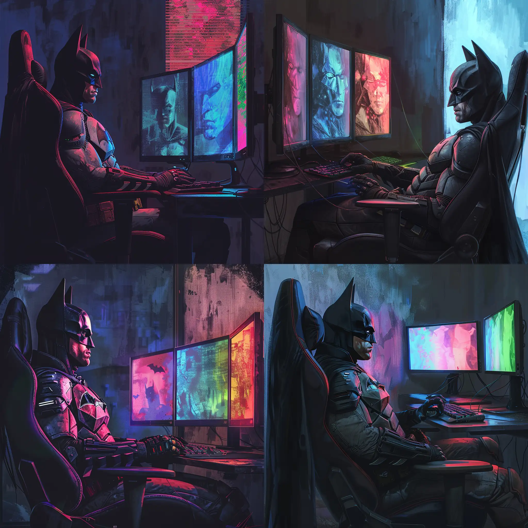 Batman sittin in a gaming chair, side view, three gaming screen, dark room with colored light, 8k, trending on artstation, illustration, UHD, 4K, high resolution face, detailed face, high definition eyes, detailed eyes