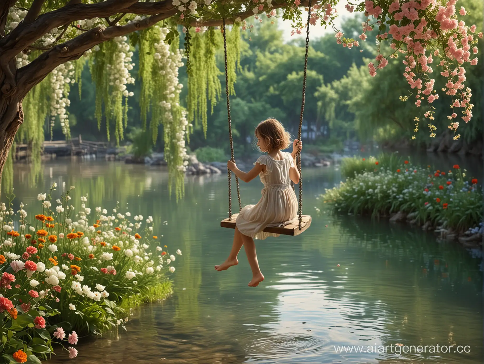 Девочка качается на качели над рекой, вокруг растут цветы, фон размытый, очень реалистично