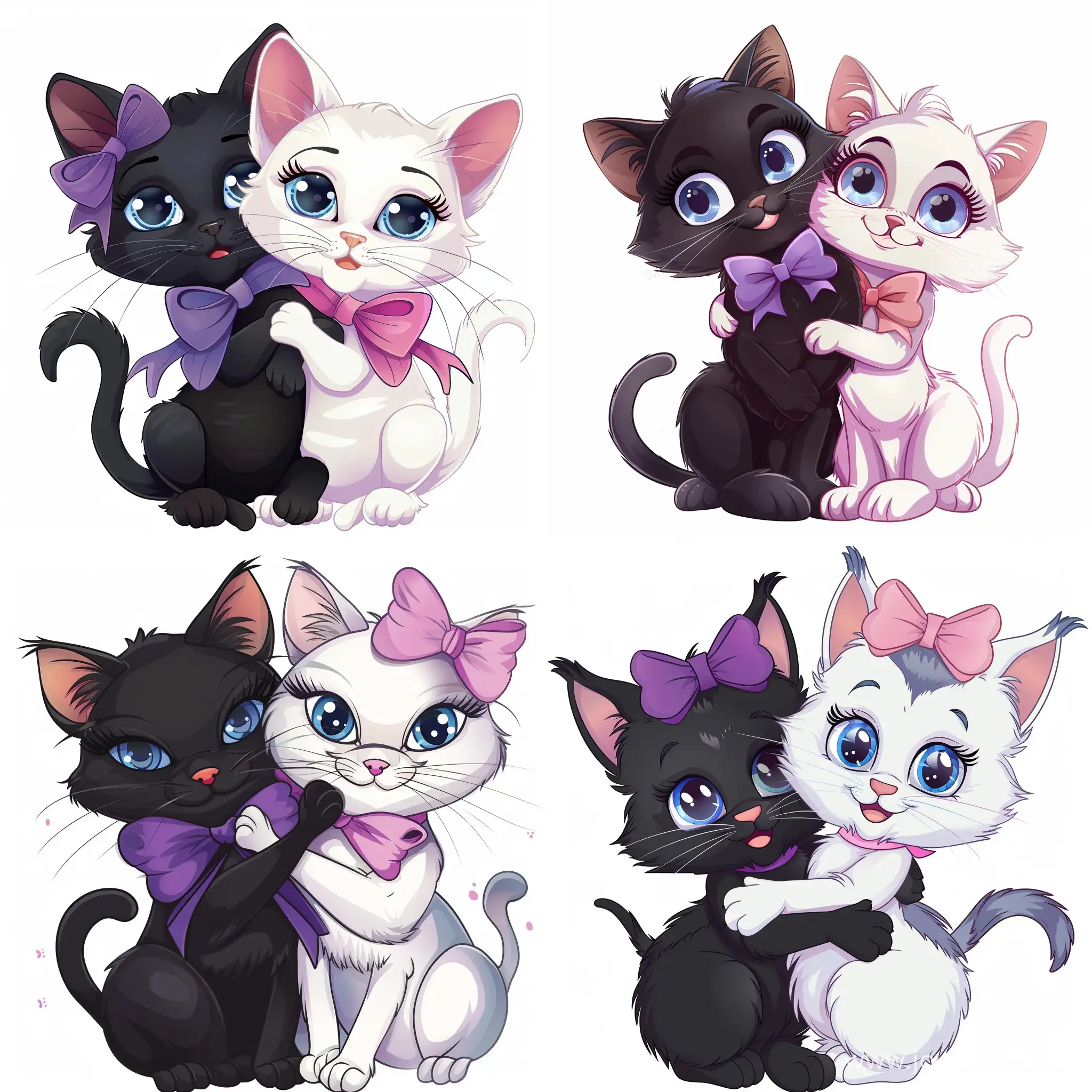 Adorable-Black-and-White-Cats-Embracing-with-Cute-Bows-in-Cartoon-Style