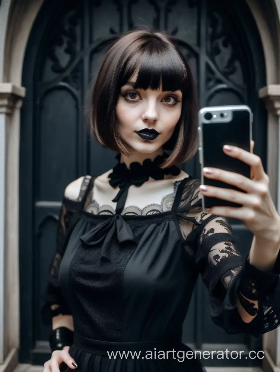 Gothic-Selfie-Stylish-Brunette-Captures-Moment-in-Unique-Dress