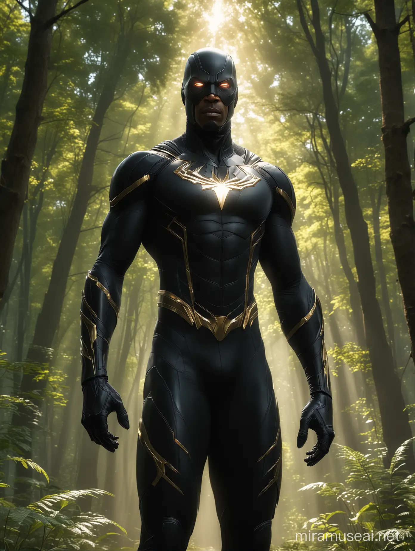 As Vision emerges from the dense woods, his sleek black superhero suit gleams in the dappled sunlight filtering through the trees. With every step, he exudes an aura of power and purpose, a silent guardian amidst nature's embrace, looking realistic with cinematic backgrounds and a slight light on the face to look attractive, detailed eyes and detailed face
