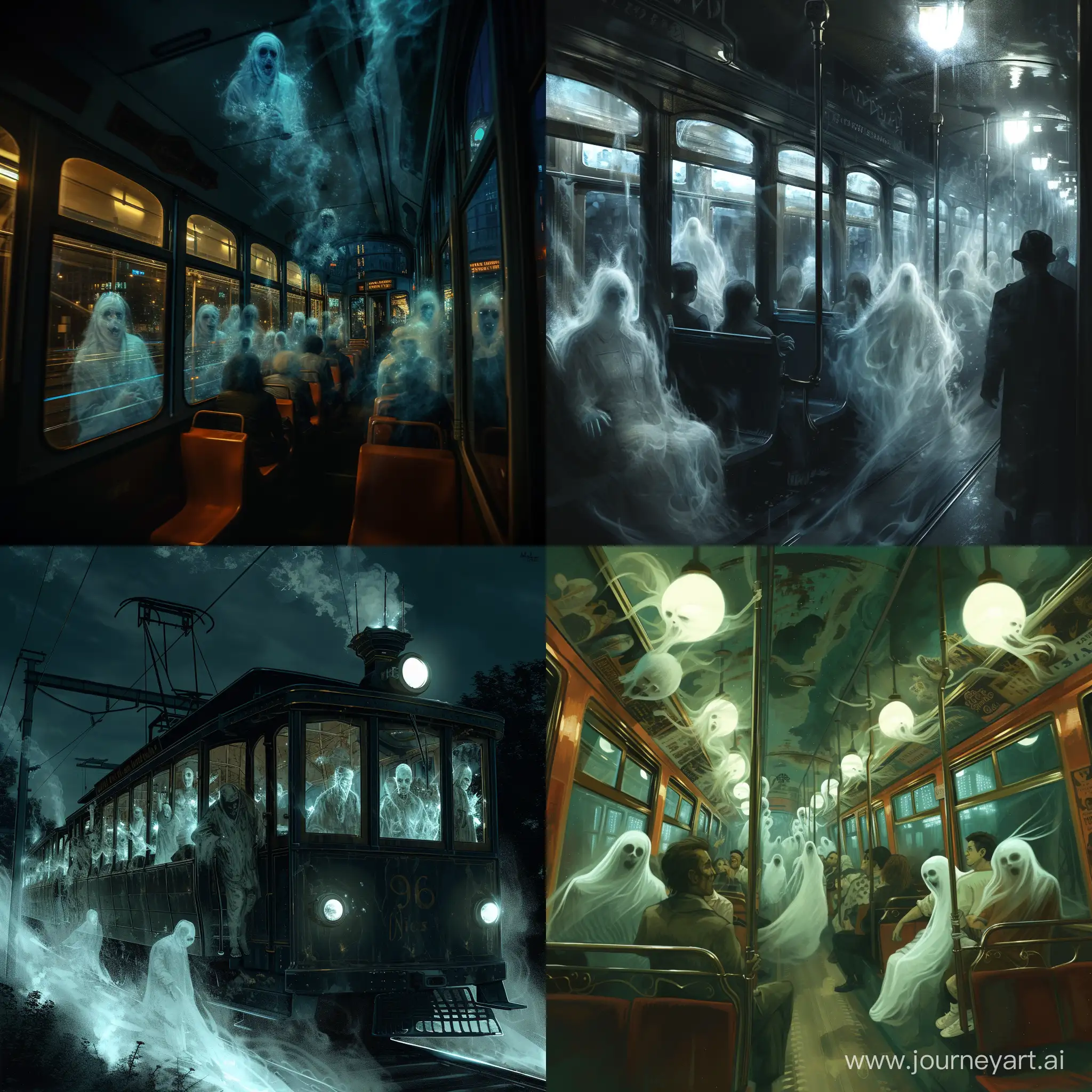В ночном трамвае едут разнообразные призраки разных людей.