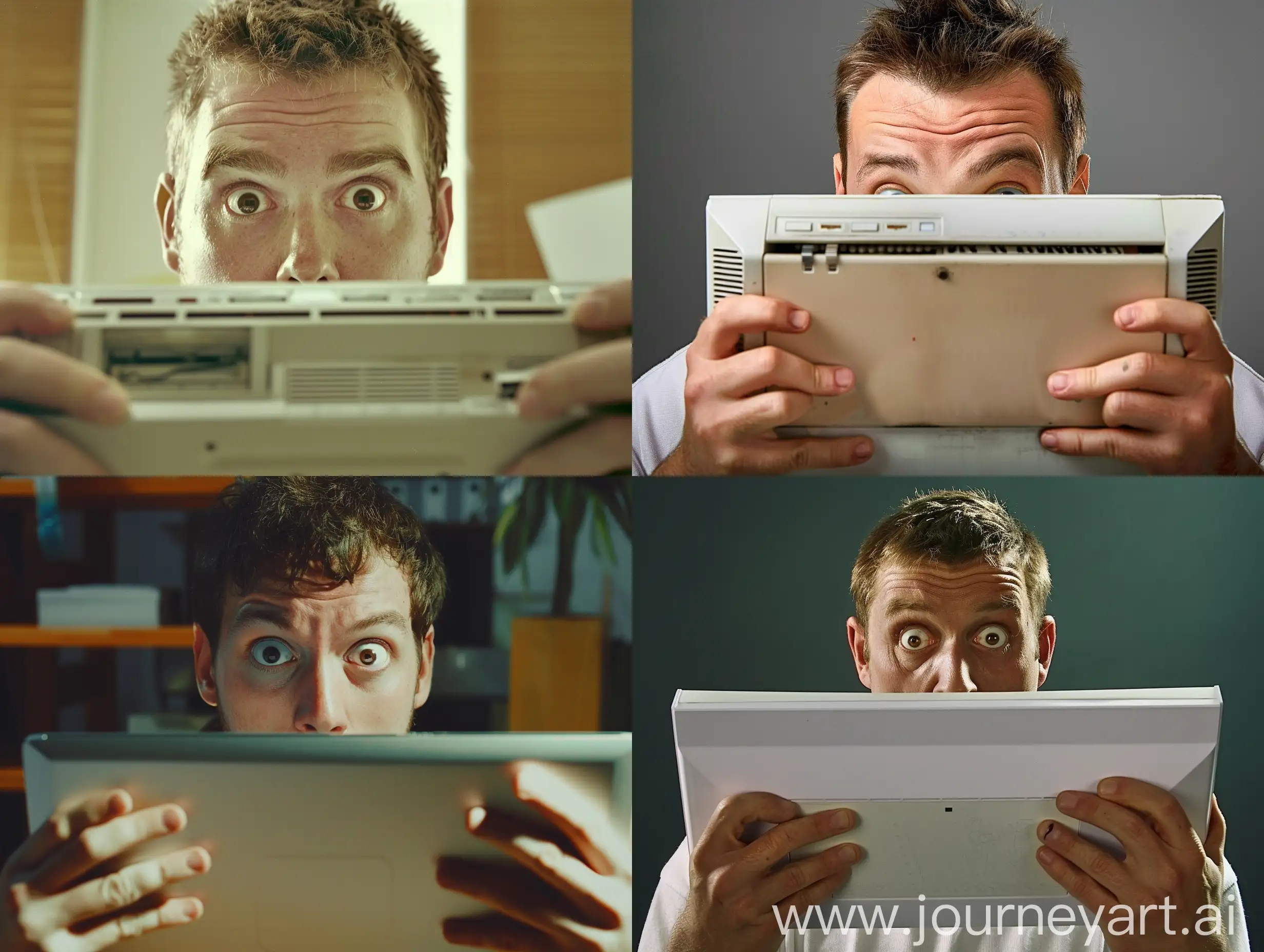 for a youtube miniature: a man, European type, short brown hair, brown eyes, holding a computer in his hands, looking shocked (eyes wide open, mouth open) at what he sees on the computer.