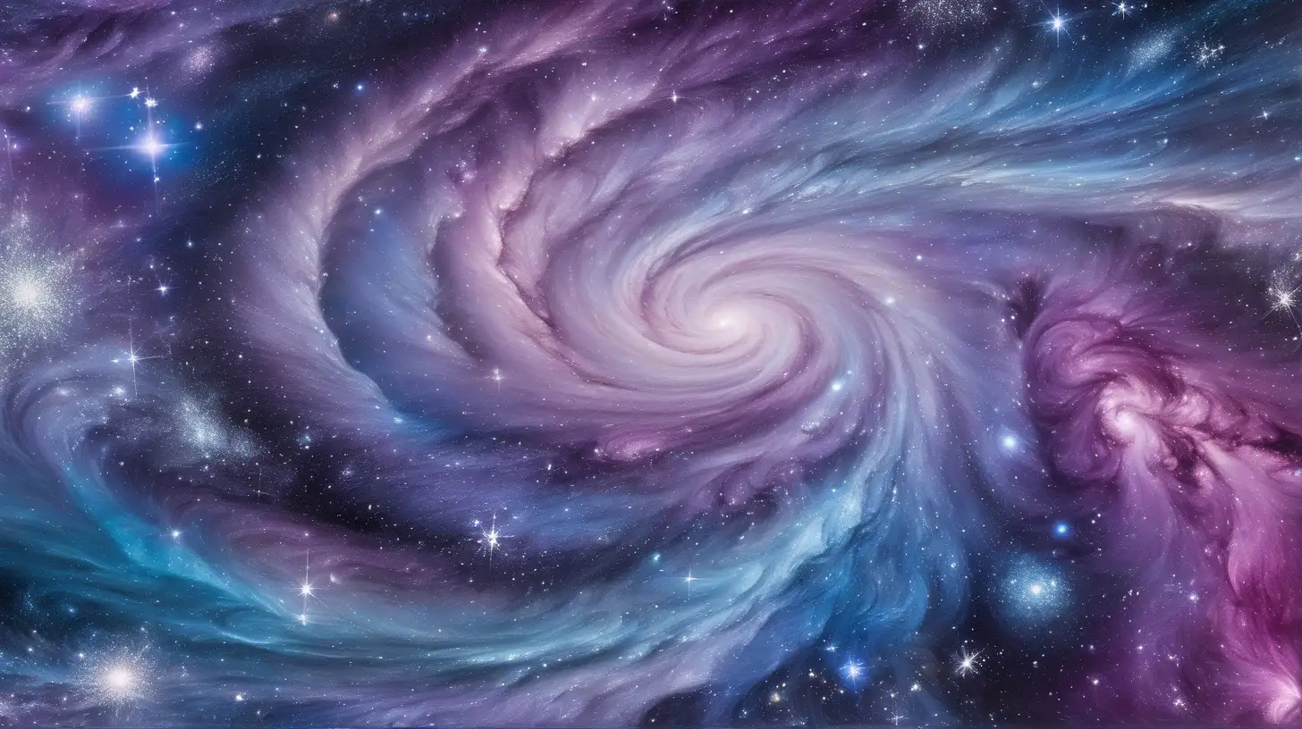 A mesmerizing mix of cosmic purples, blues, and pinks, resembling swirling galaxies. Hints of glitter add a celestial touch, creating a dreamy atmosphere.