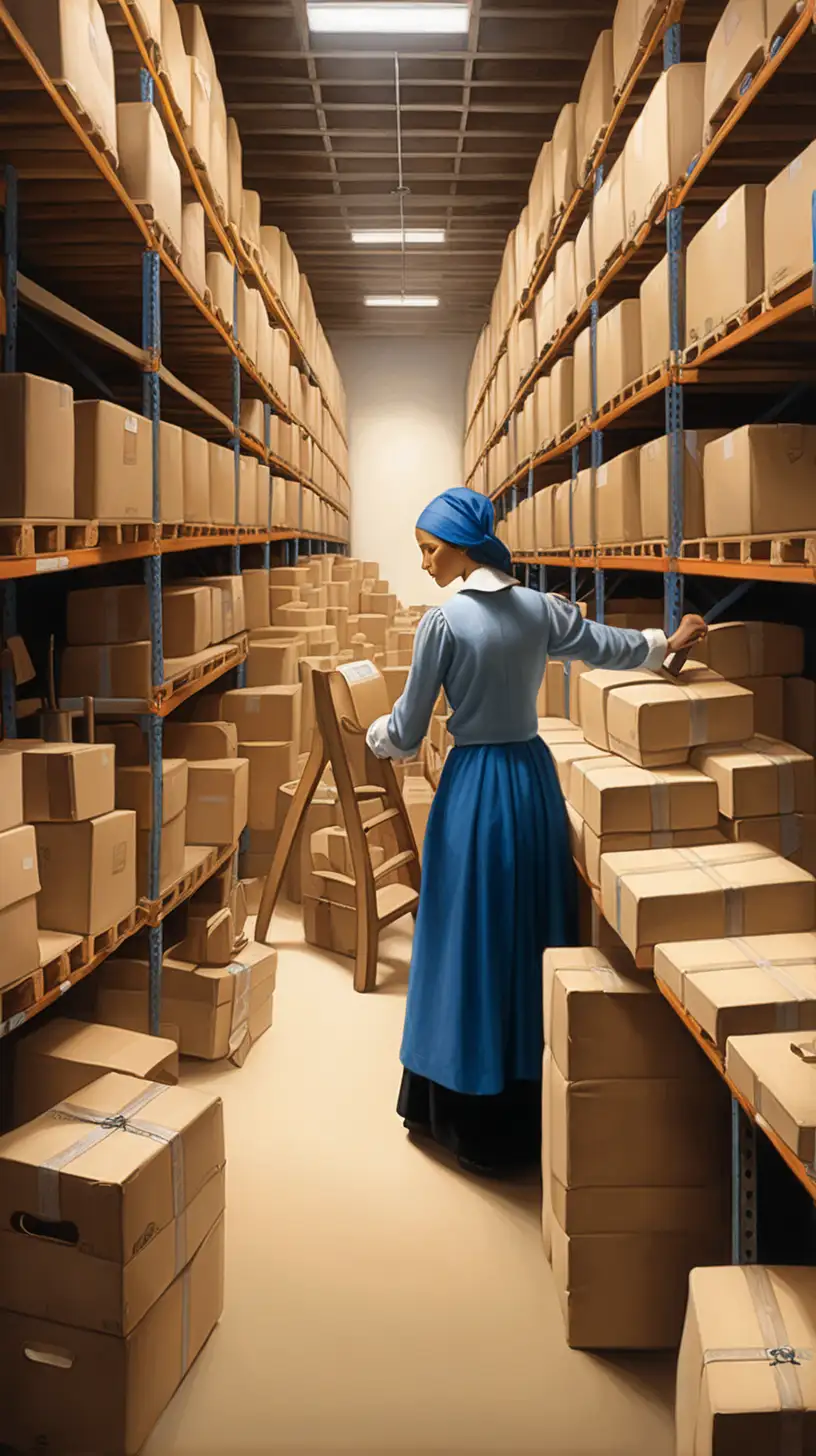 Draw an retailer auditor working warehouse in Johannes Vermeer style