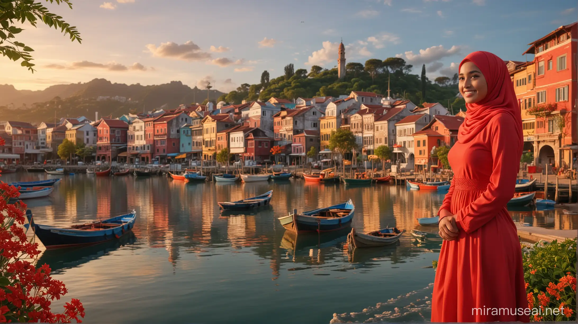 3d,A serene and picturesque coastal scene during sunset, with a beautiful malay  woman with hijab,smiling face , in a red dress admiring the view; boats are moored nearby, and charming buildings with flowering plants adorn the background,vivid colour 