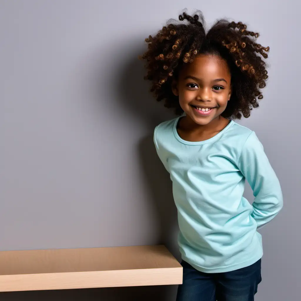 Image of African-American female kid, twisted hair, standing, leaning on an empty floating shelf, smiling