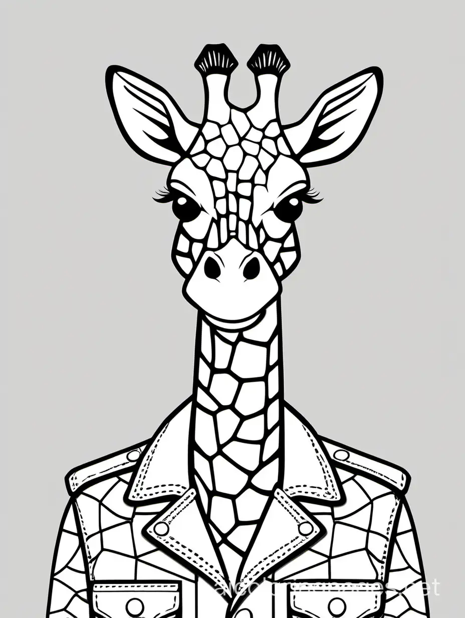 giraffe wearing fishnets and a leather jacket, Coloring Page, black and white, line art, white background, Simplicity, Ample White Space. The background of the coloring page is plain white to make it easy for young children to color within the lines. The outlines of all the subjects are easy to distinguish, making it simple for kids to color without too much difficulty