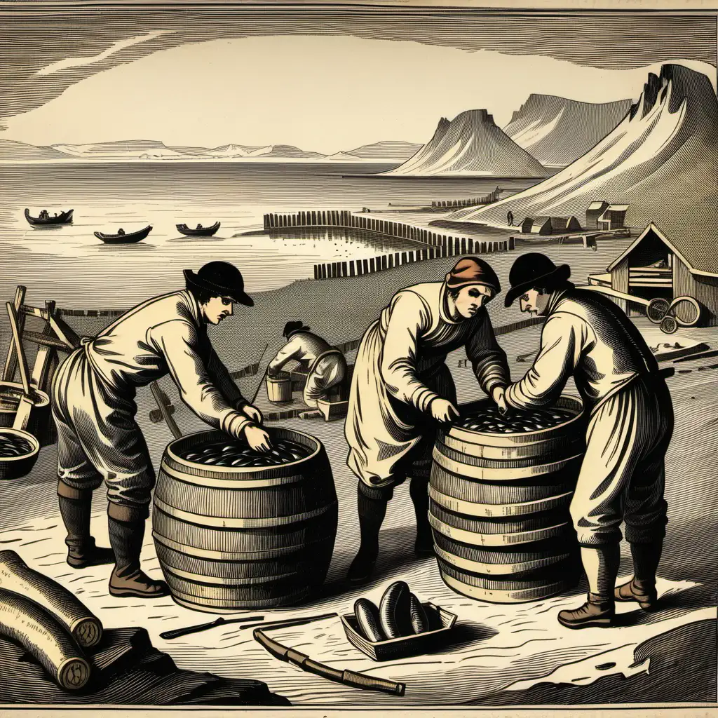 Iceland 1820, rural people working, fishing and processing herring in herring barrels