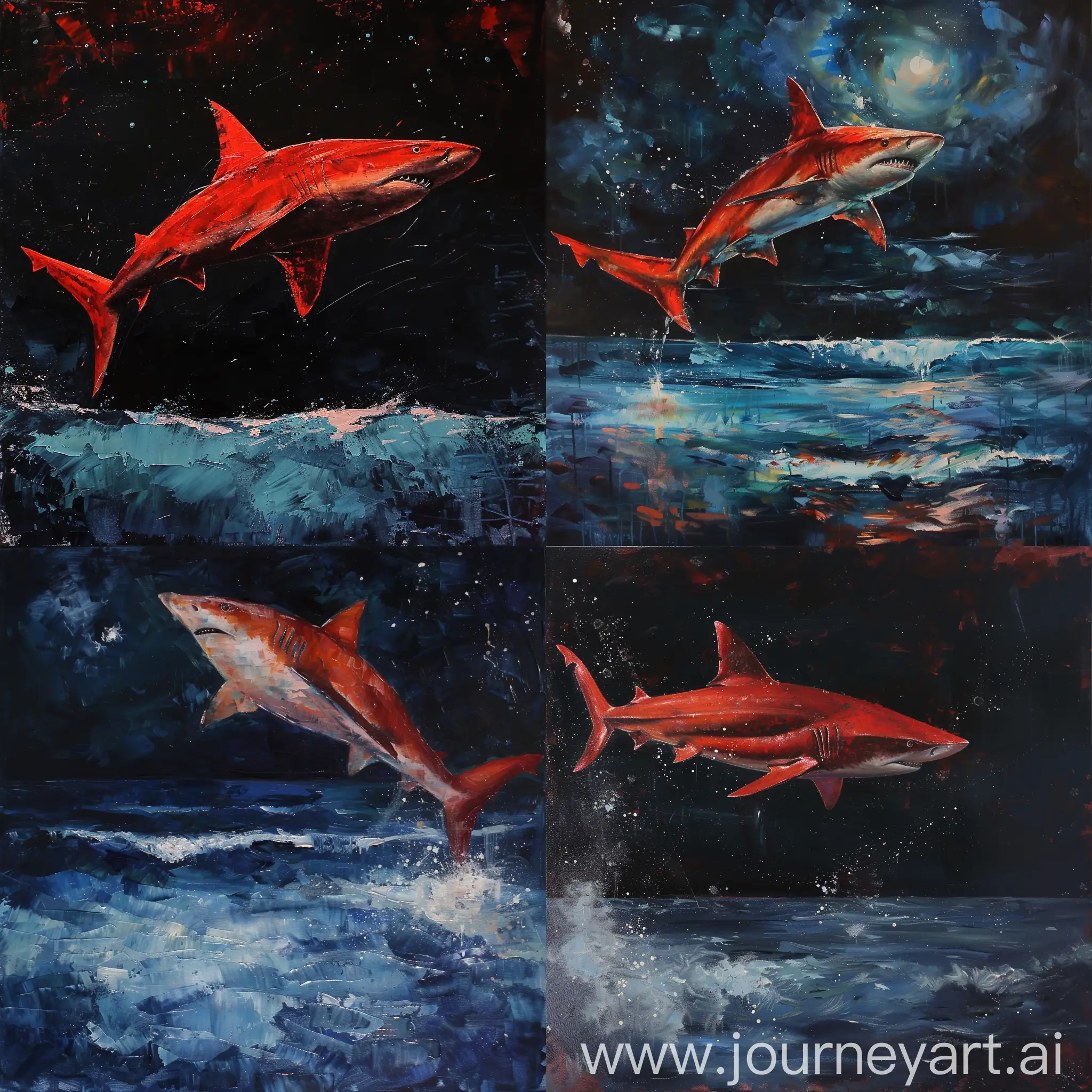 Majestic red shark jumped out of the endless ocean, dreamy dark night, pale dead colors, oil painting
