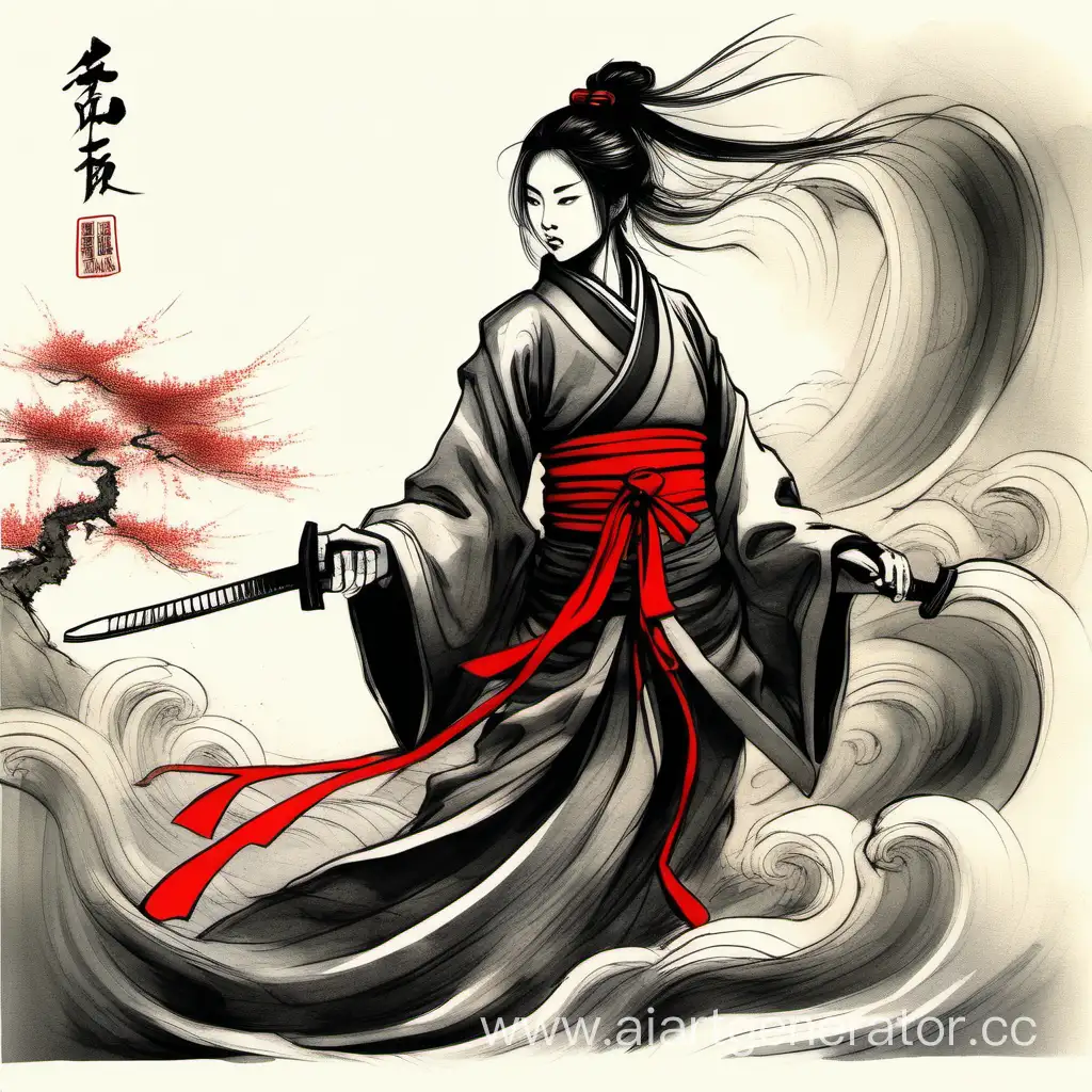 китайская девушка самурай с развивающимися одеждами, рисунок черной тушью и красной