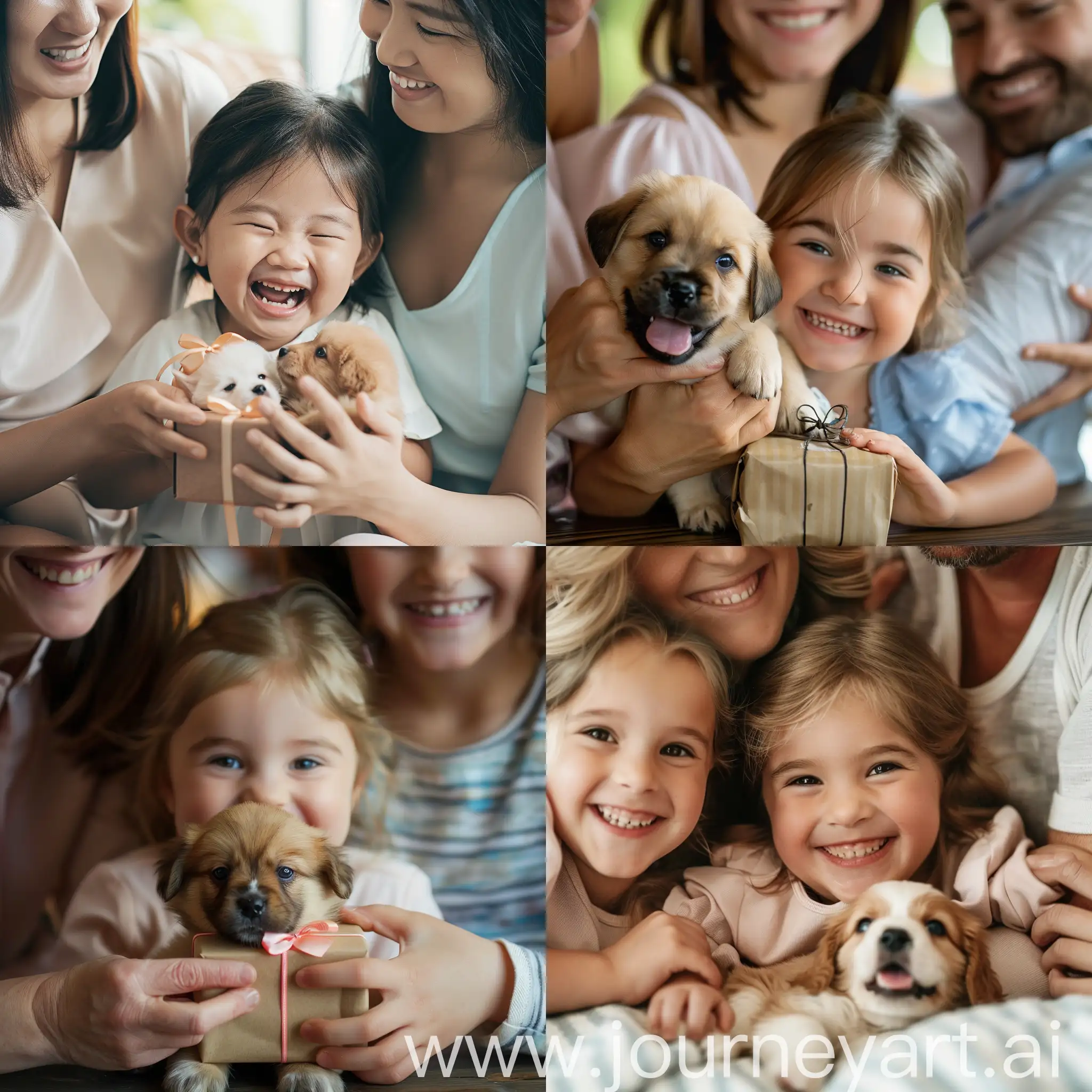  a little cute girl who are really happy with the gift the her parents give to her is a puppy
