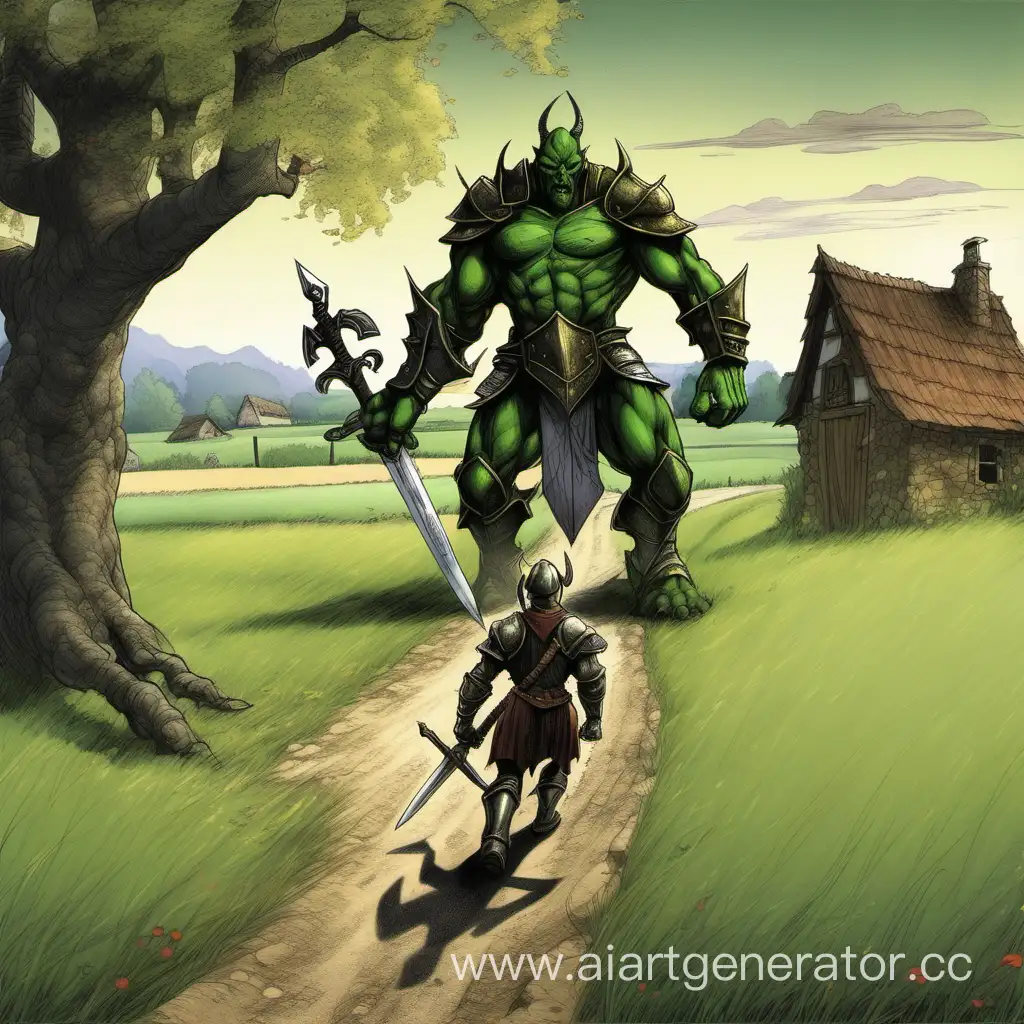Lone-Warrior-Journeying-through-Fields-to-Confront-a-Green-Demon-by-a-House