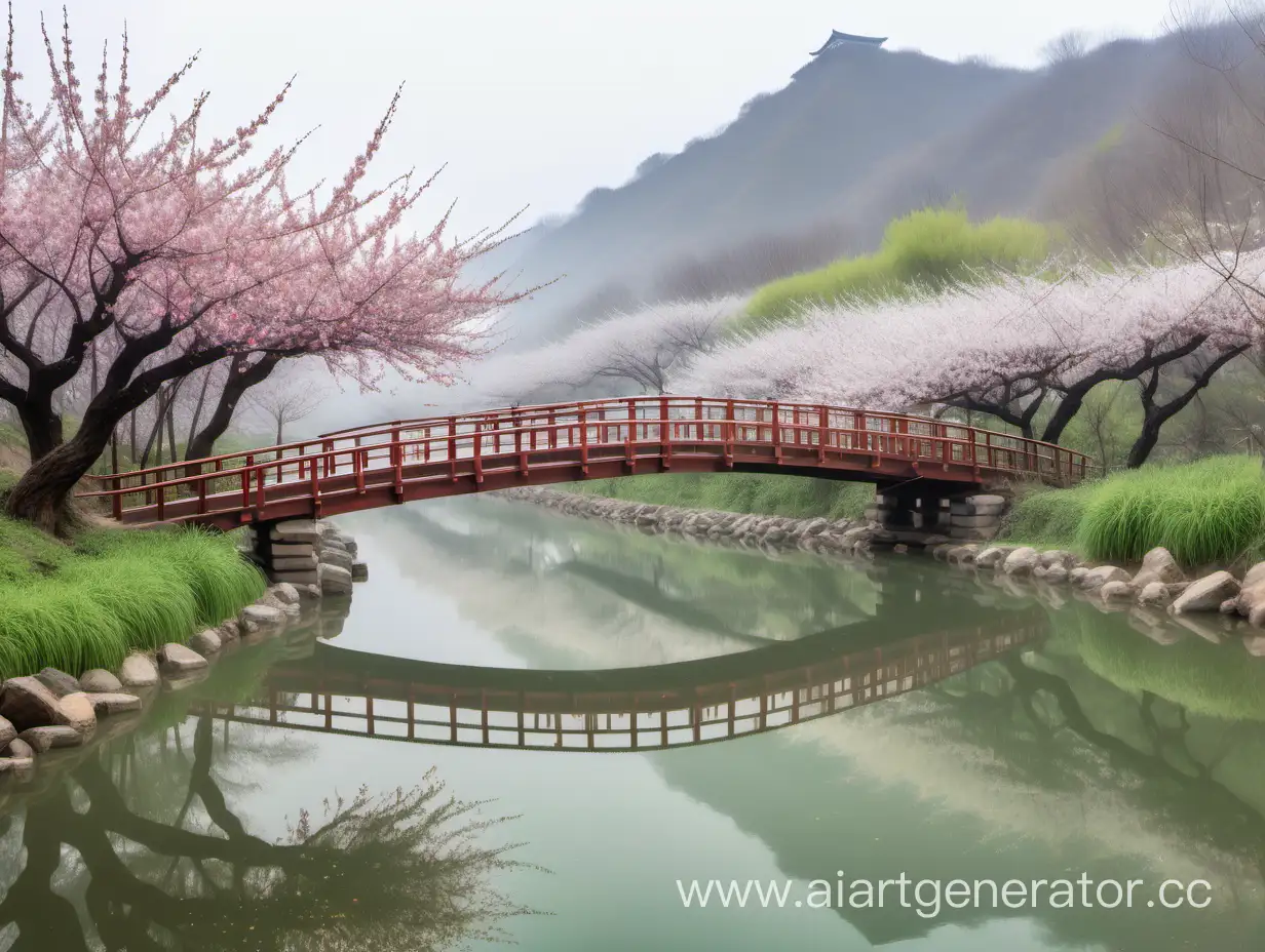 远处朦胧的青山，杏花在雾中绽放，盛开的桃花背后一座古老的木拱桥，它们的倒影映在清澈的水面上。河边点缀着各色小花和野草，在轻柔的雨中静静地摇曳。