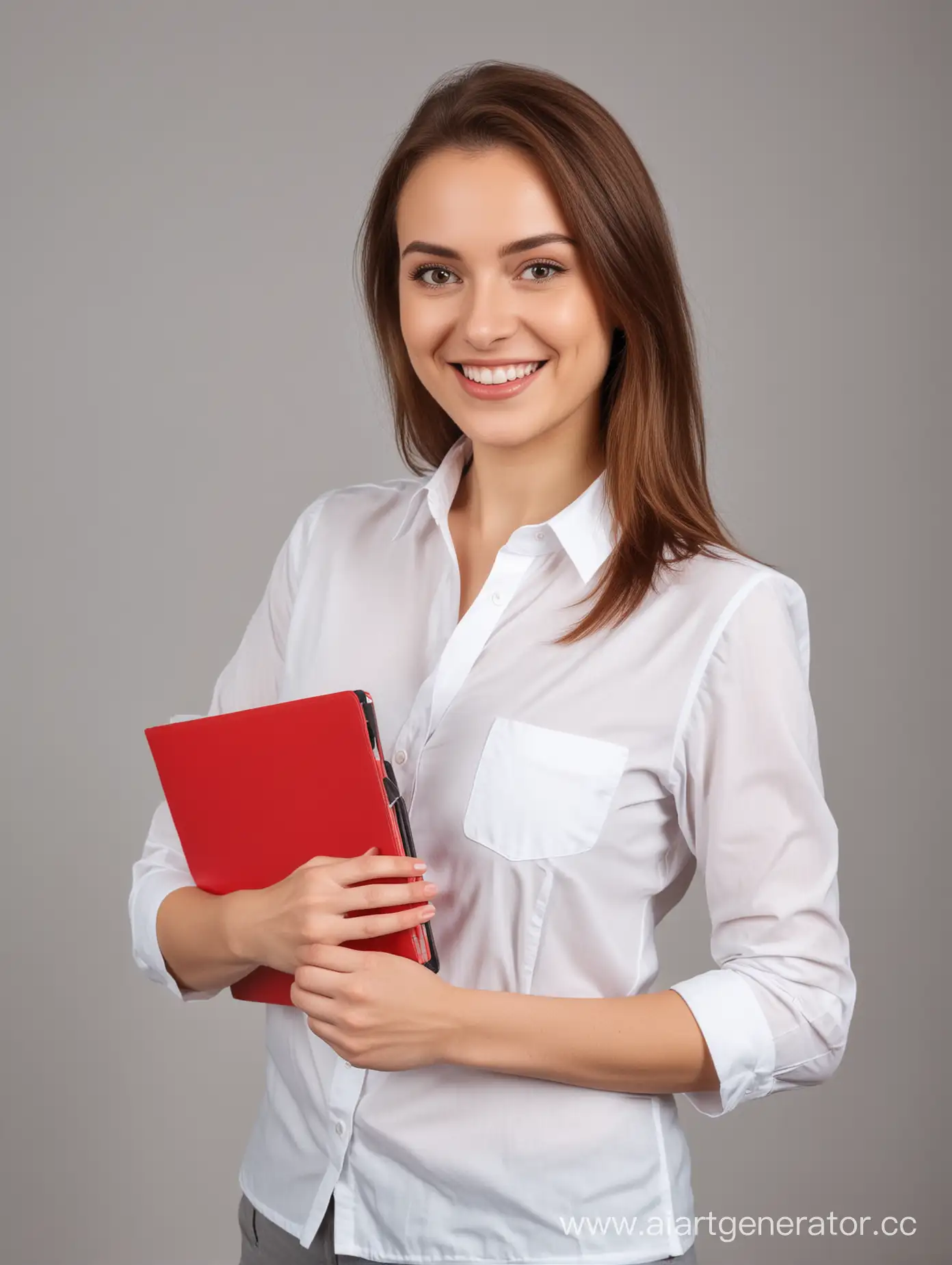 Улыбающаяся женщина в белой рубашке с красной папкой в руке делает расчет