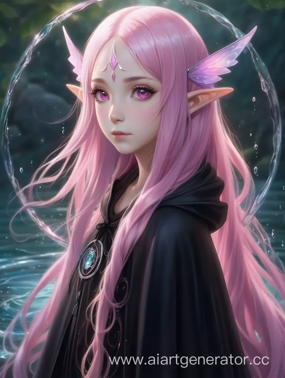 портрет взрослой водной феи без крыльев, длинные светло-розовые волосы, ярко-розовые глаза, светлая кожа, заостренные уши
длинная чёрная мантия
на заднем фоне магический круг из воды