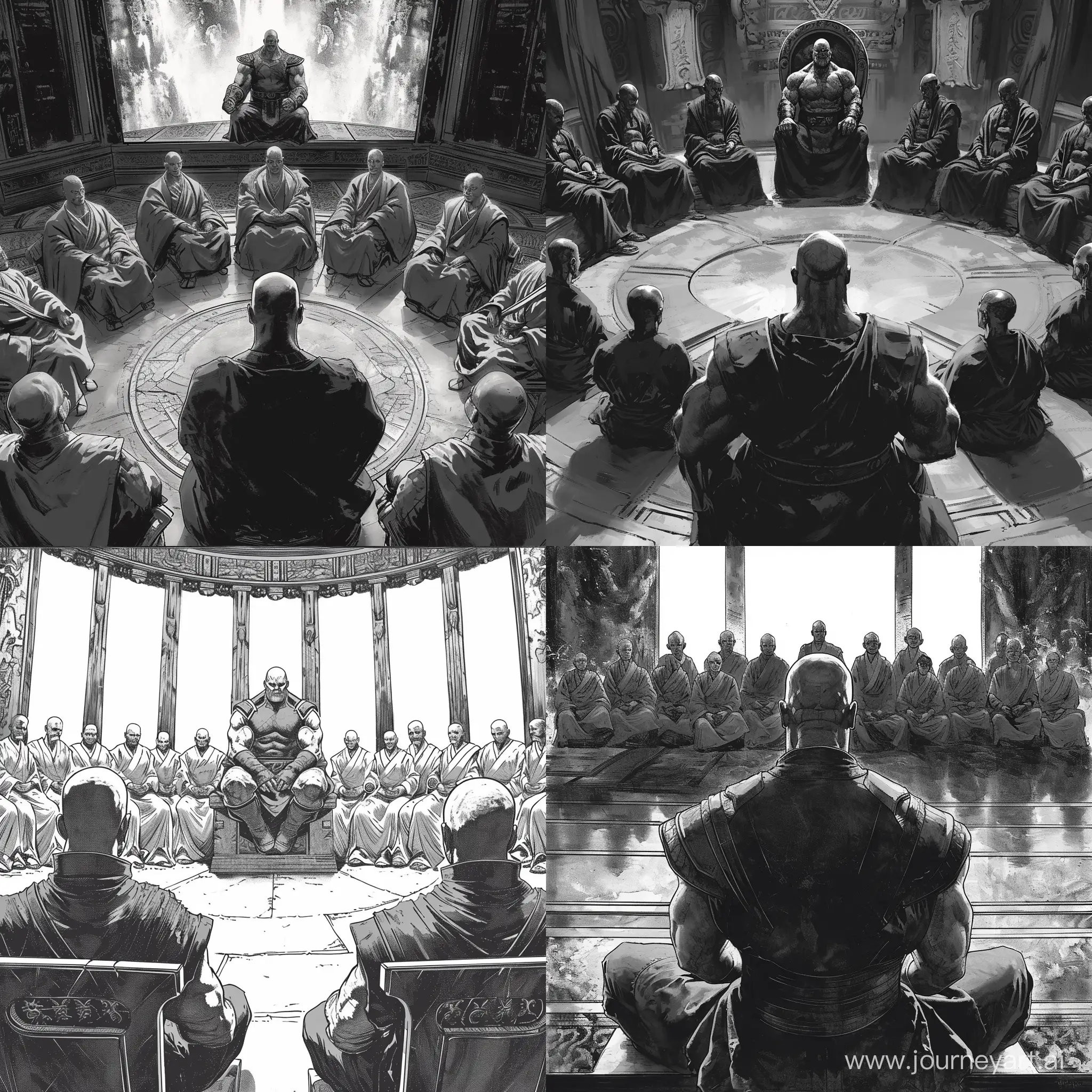 阎王殿里坐落十八罗汉，灭霸坐在主位上看着下面的十八罗汉