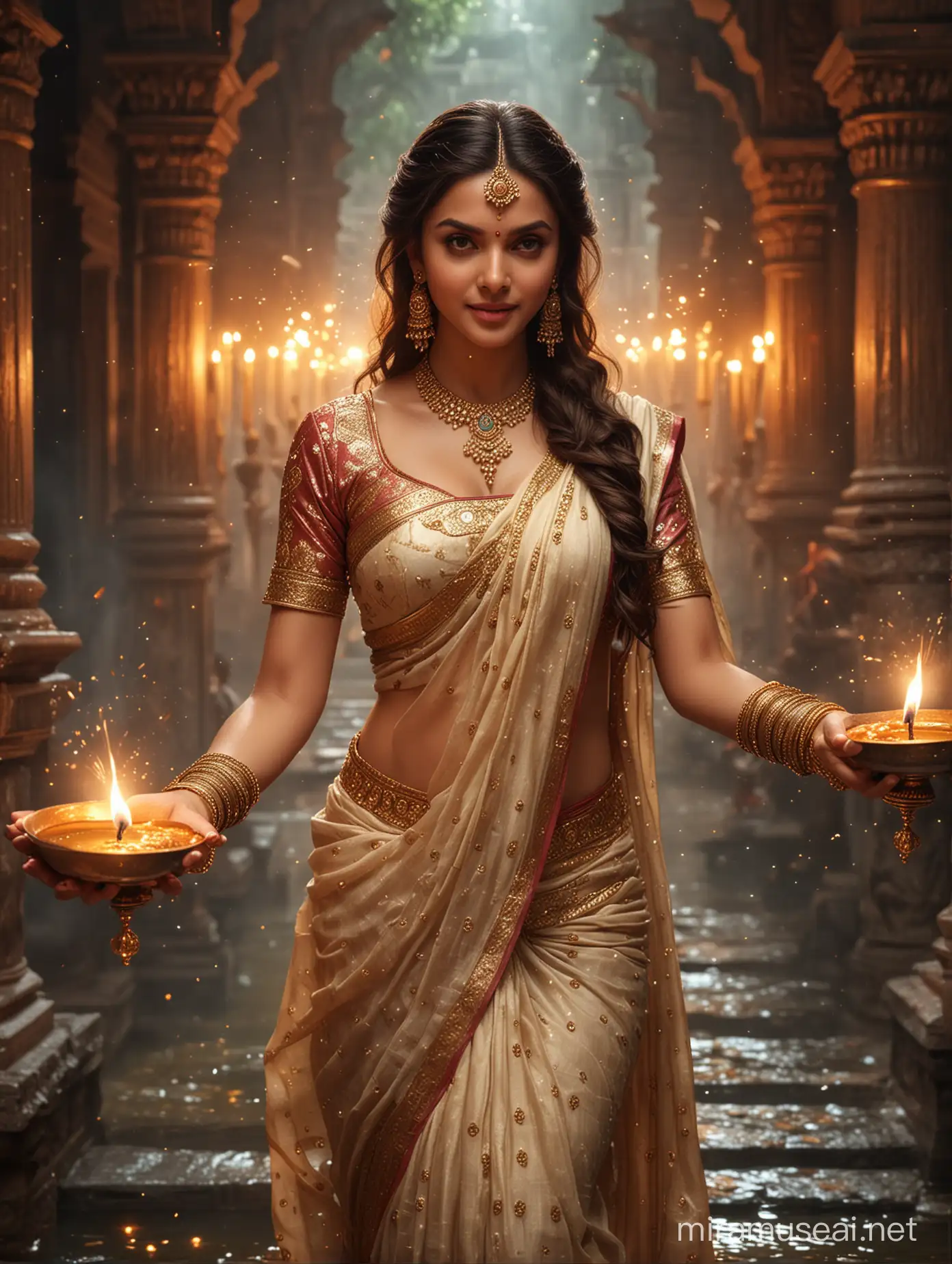 Diwali celebrations with oil lamps diyas oil and fireworks. Beautiful picture, ancient costume beauty,  the most beautiful CG, water tender, water, pour city, beautiful, beauty, beauty, Deepika Padukone, meticulous depicting, wearing ancient costume, gorgeous dress, dignified appearance,  background ancient Hindu temple, depict golden, detailed characterization, crystal, ball hair, delicate characterization eyes, whole body, high-definition, ornaments, highlight effects, full backlight, depth detailed characterization features stereo, detailed depict eyes, the accurate proportion, the size balance, perfect masterpiece
