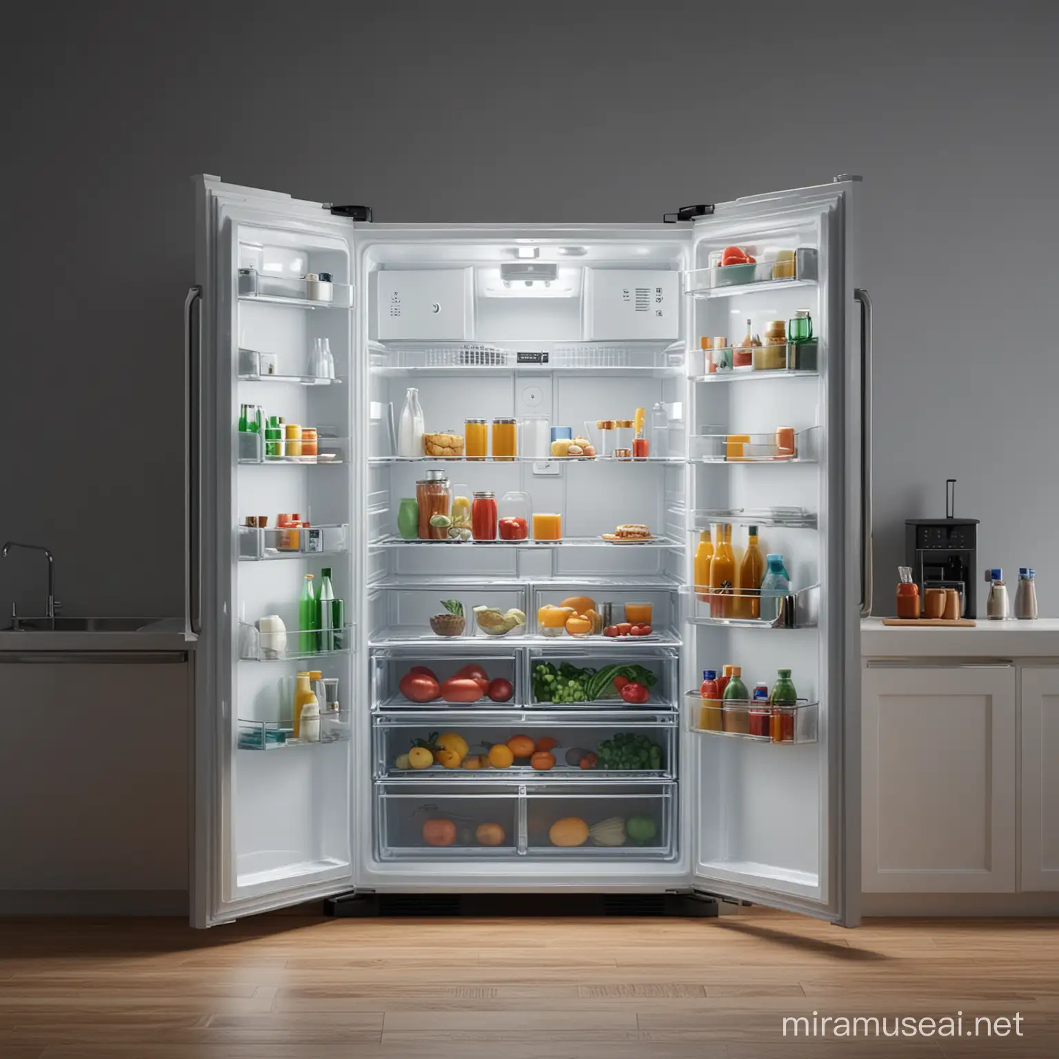 full frontal view of the open empty photorealistic refrigerator in the night kitchen