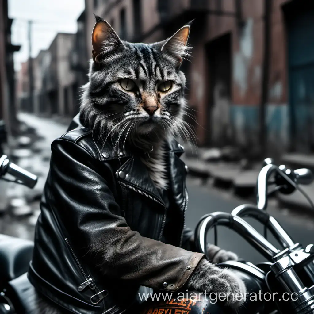 фото, старый, брутальный, мощный кот на старом Харлее, серый кот со шрамом на левом глазу и в черной кожанной куртке, хмурый взгляд, заброшенный город, темнеет, 4К